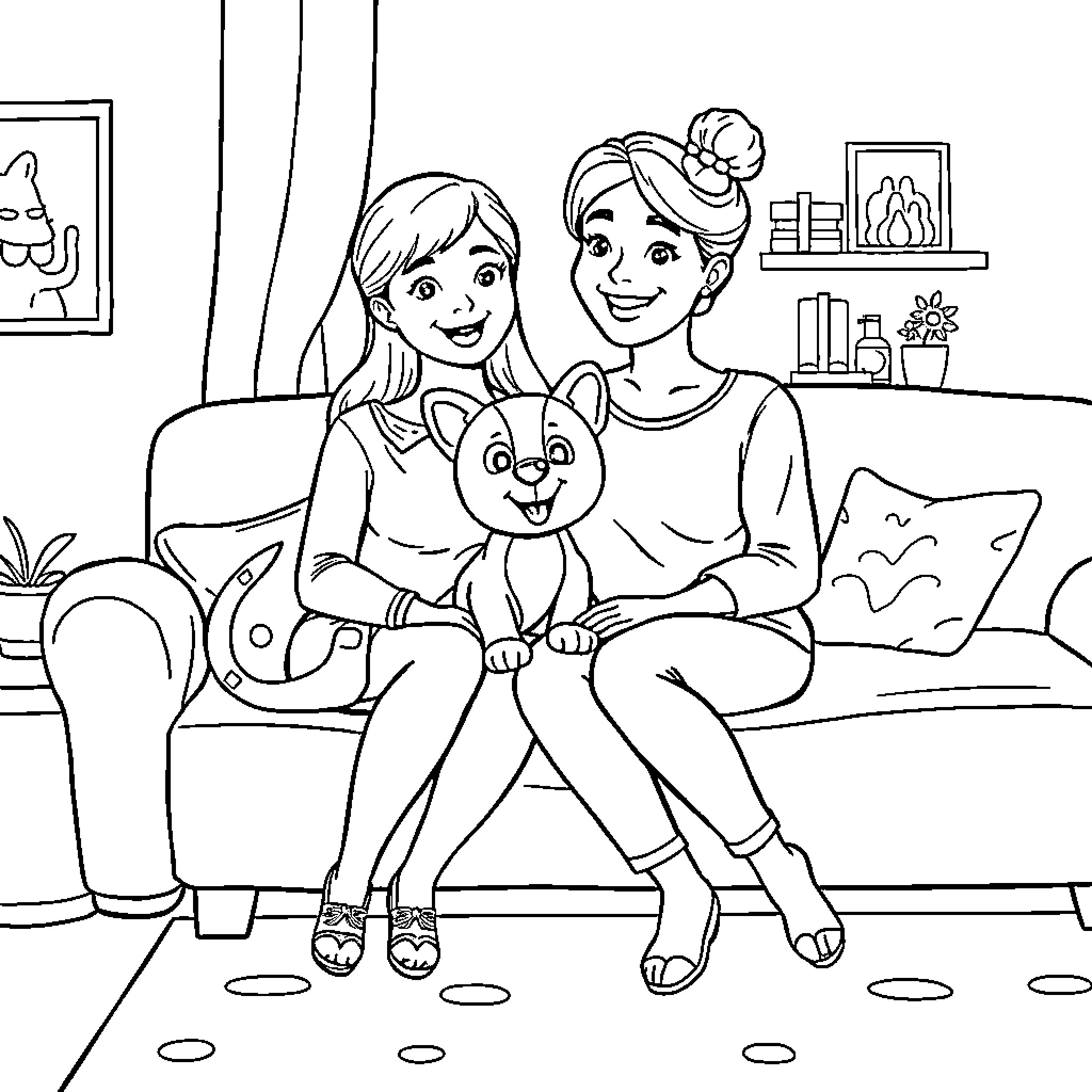 Bluey and family enjoying a cozy day at home Coloring Page (free black-and-white line drawing printable PDF for all, from beginners to advanced learners, including children, teens, adults, and seniors)