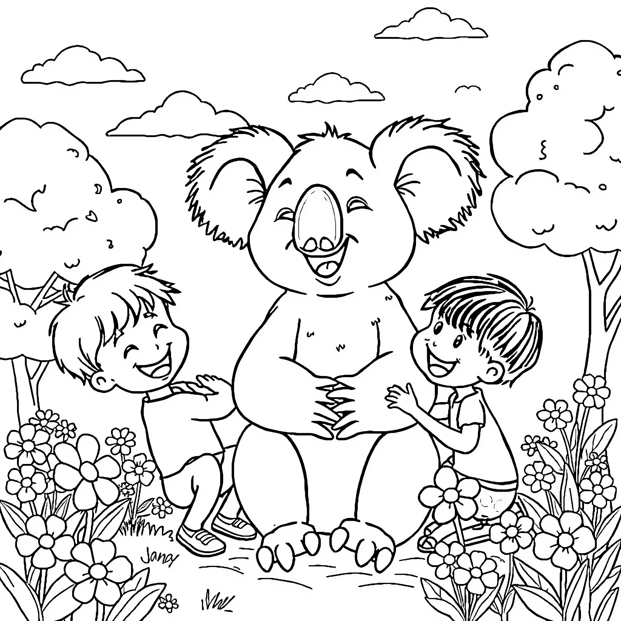 Koala playing happily with children in the forest Coloring Page (free black-and-white line drawing printable PDF for all, from beginners to advanced learners, including children, teens, adults, and seniors)
