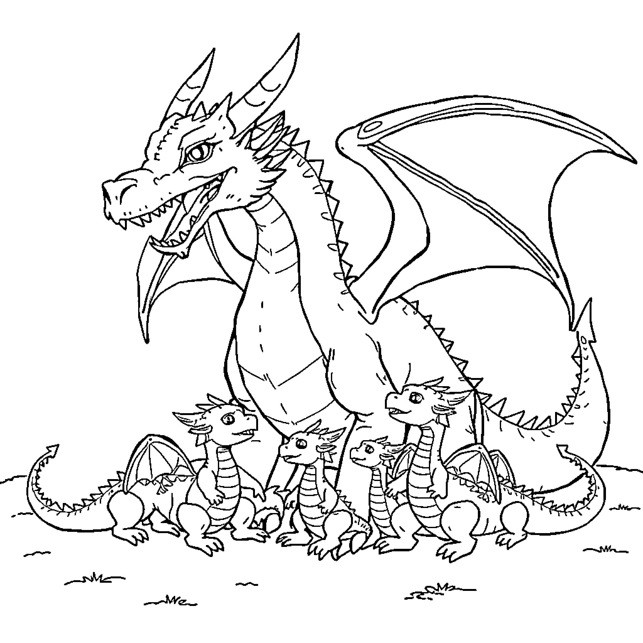 Dragon family with their young hatchlings Coloring Page (free black-and-white line drawing printable PDF for all, from beginners to advanced learners, including children, teens, adults, and seniors)