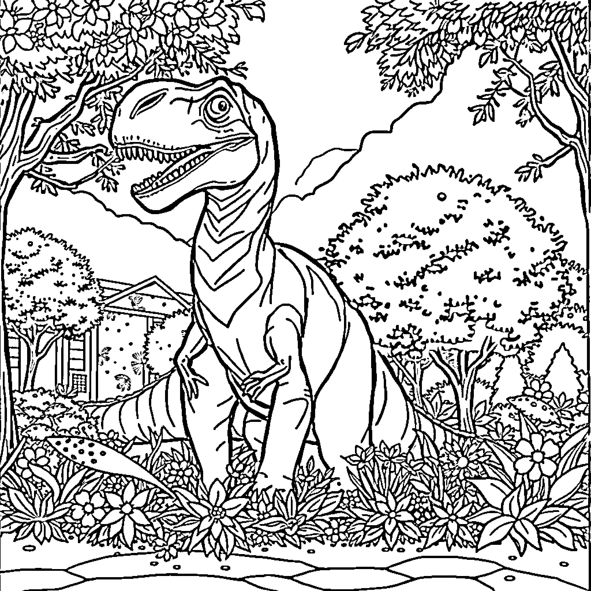 Dinosaur roaming in lush forest landscape Coloring Page (free black-and-white line drawing printable PDF for all, from beginners to advanced learners, including children, teens, adults, and seniors)