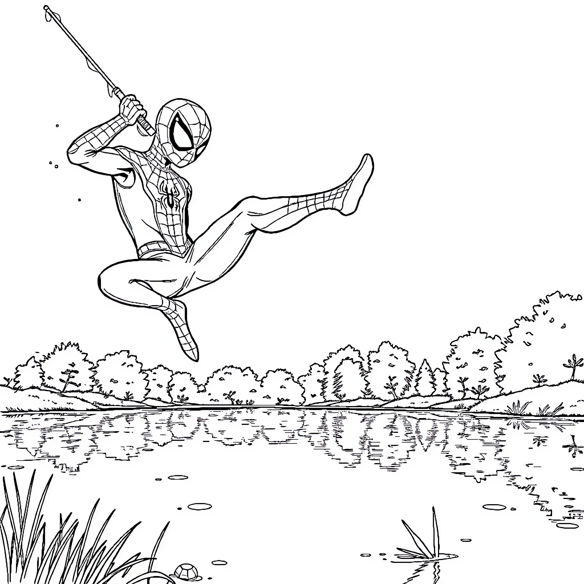 Spider-Man swinging heroically through nature Coloring Page (free black-and-white line drawing printable PDF for all, from beginners to advanced learners, including children, teens, adults, and seniors)