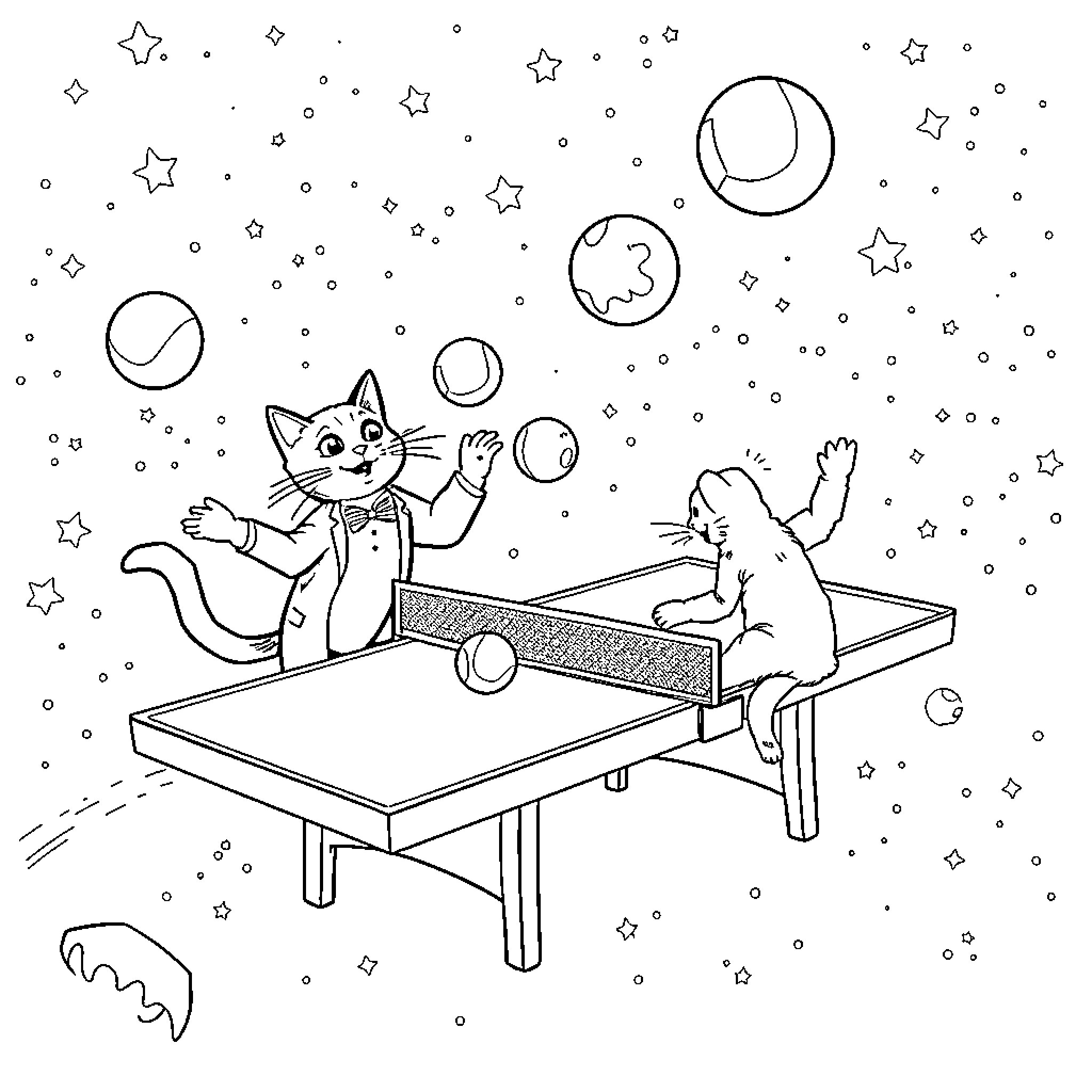 Tuxedo Cat playing ping pong with friends under the stars Coloring Page (free black-and-white line drawing printable PDF for all, from beginners to advanced learners, including children, teens, adults, and seniors)