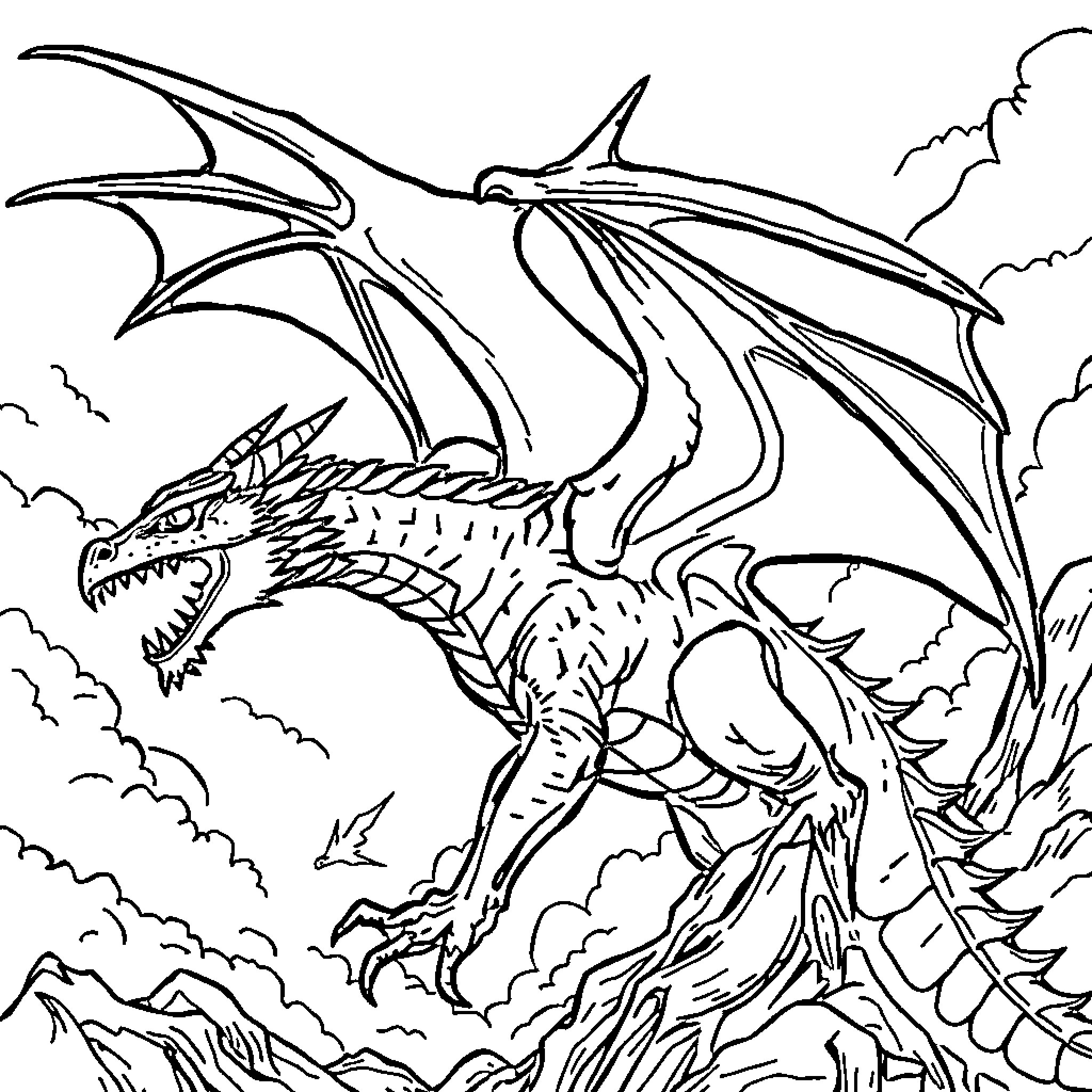 Dragon soaring through the stormy skies Coloring Page (free black-and-white line drawing printable PDF for all, from beginners to advanced learners, including children, teens, adults, and seniors)