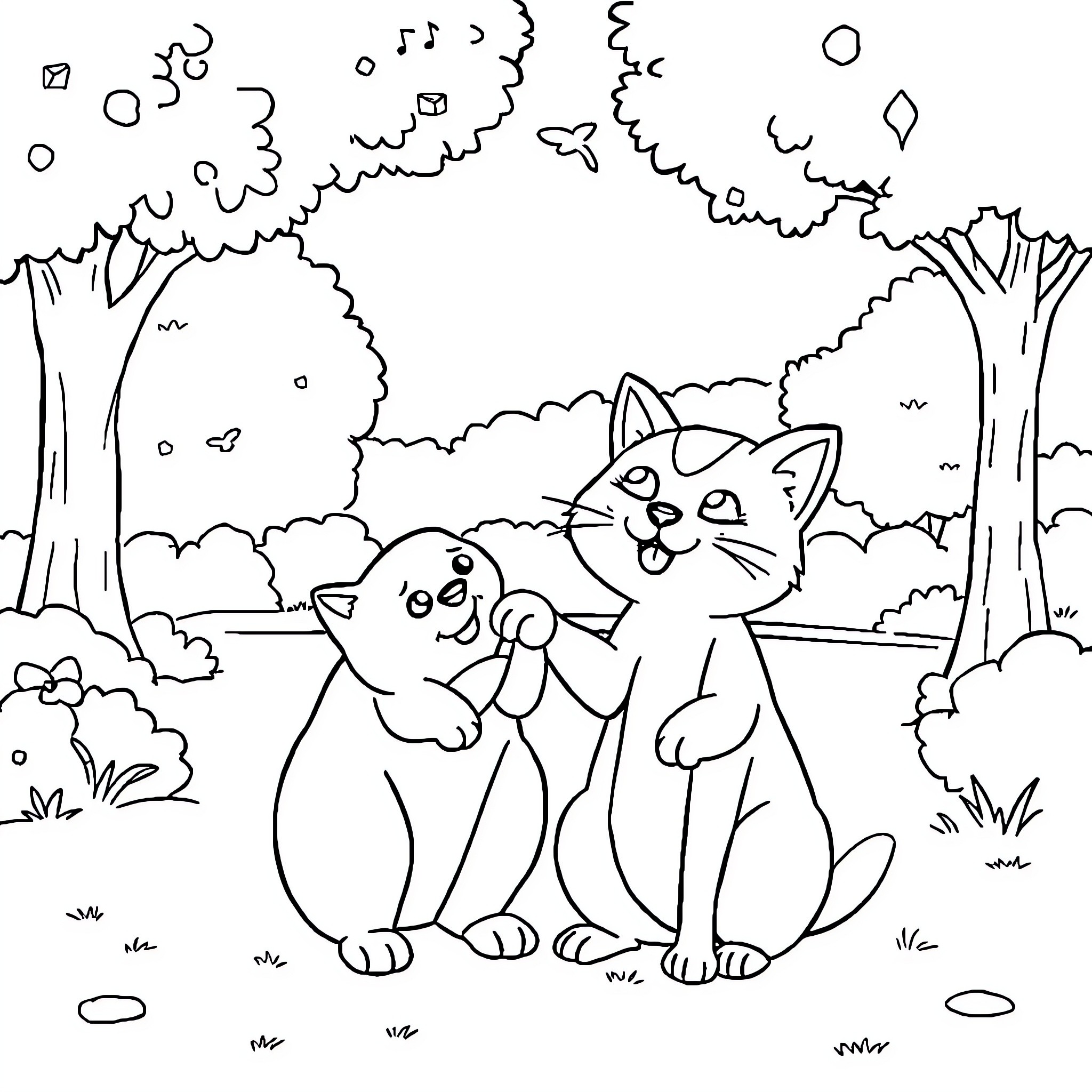 Cats exploring the forest together Coloring Page (free black-and-white line drawing printable PDF for all, from beginners to advanced learners, including children, teens, adults, and seniors)
