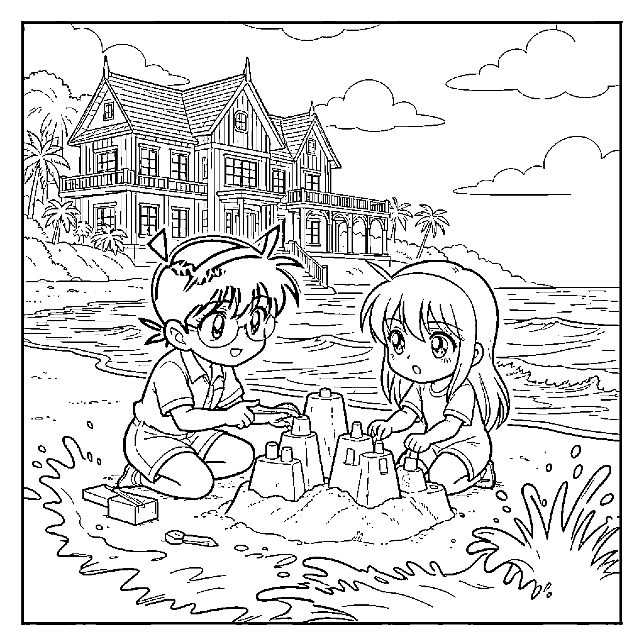 Detective Conan characters building sandcastles on a beach Coloring Page (free black-and-white line drawing printable PDF for all, from beginners to advanced learners, including children, teens, adults, and seniors)