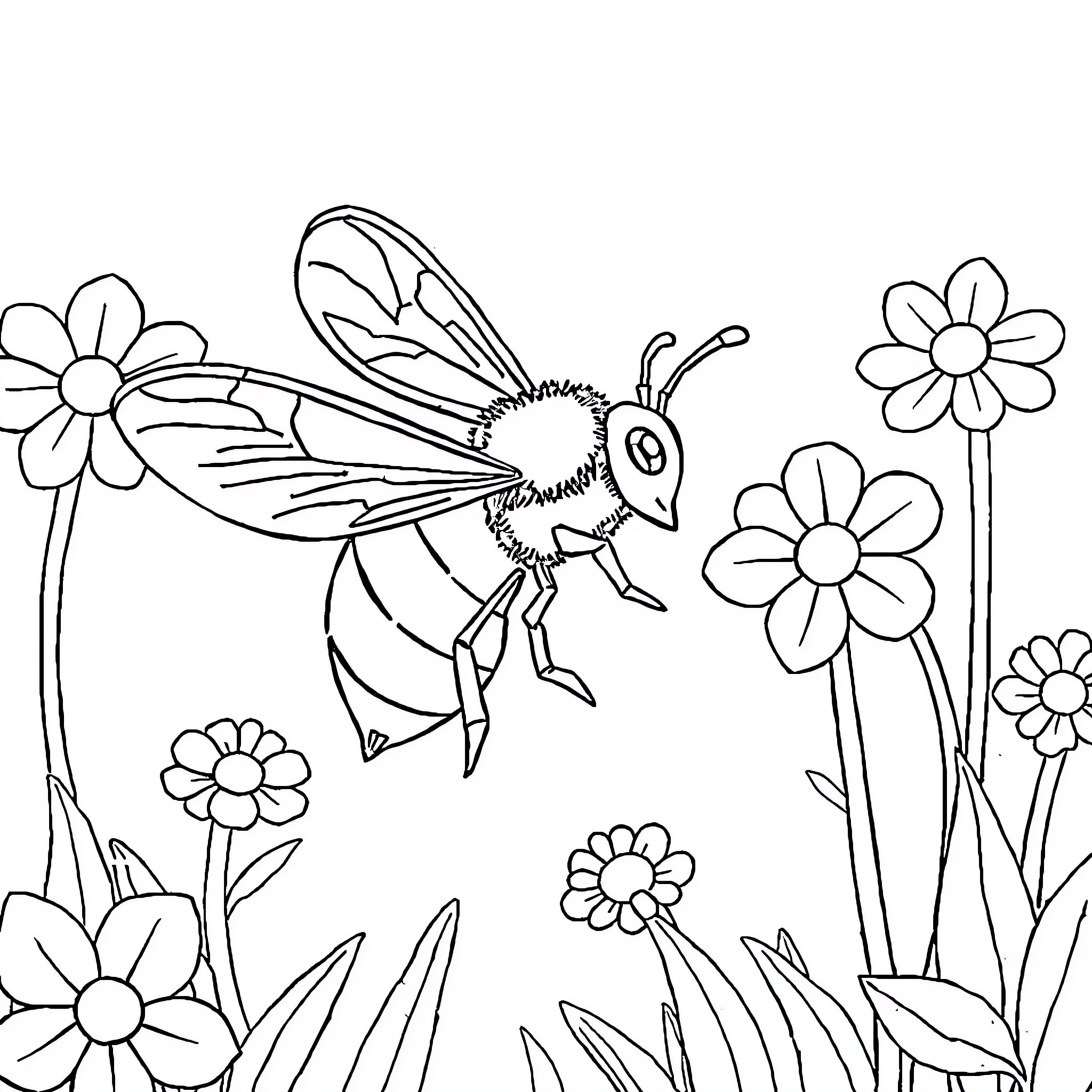 Bee exploring a garden of flowers Coloring Page (free black-and-white line drawing printable PDF for all, from beginners to advanced learners, including children, teens, adults, and seniors)