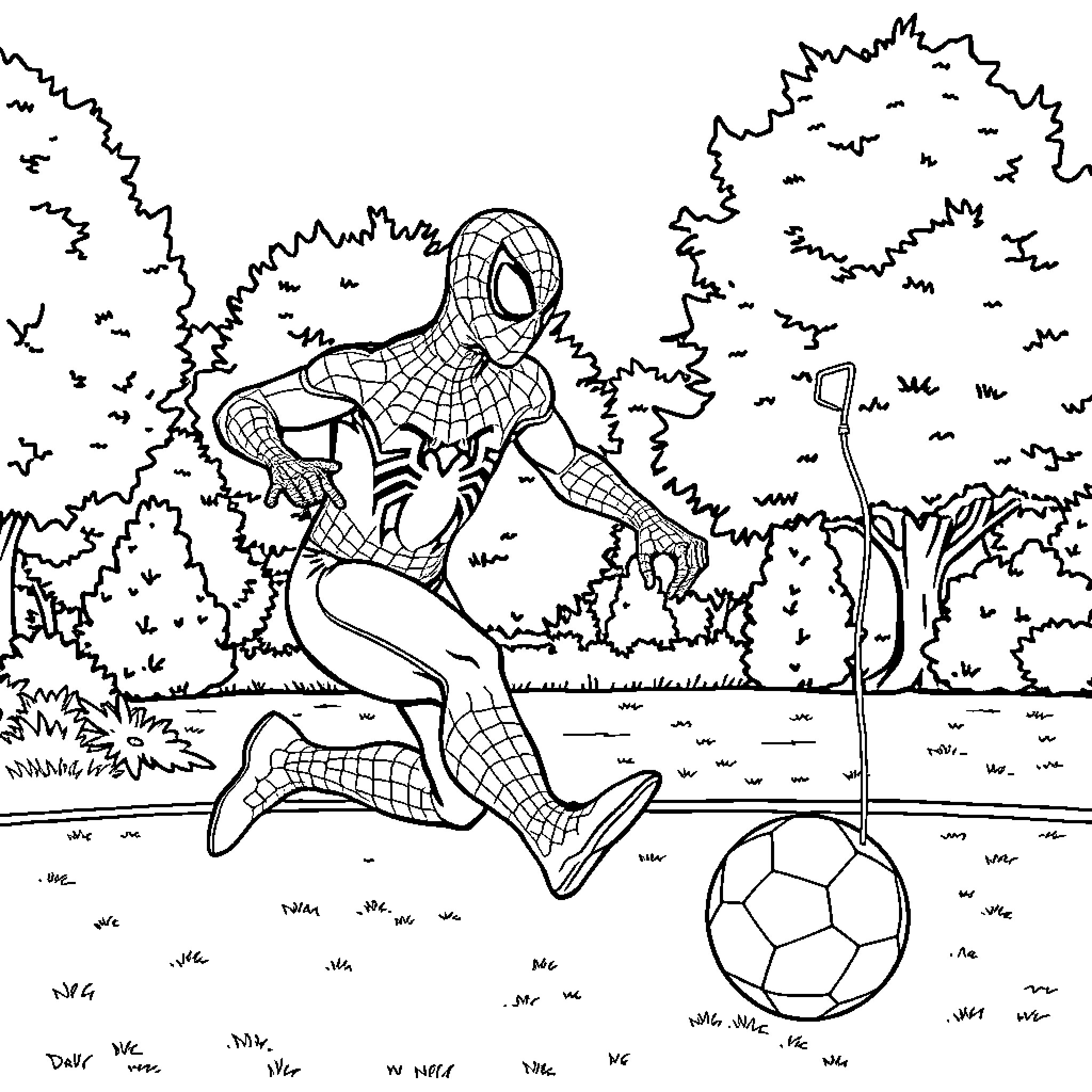 Spiderman playing soccer in the park Coloring Page (free black-and-white line drawing printable PDF for all, from beginners to advanced learners, including children, teens, adults, and seniors)
