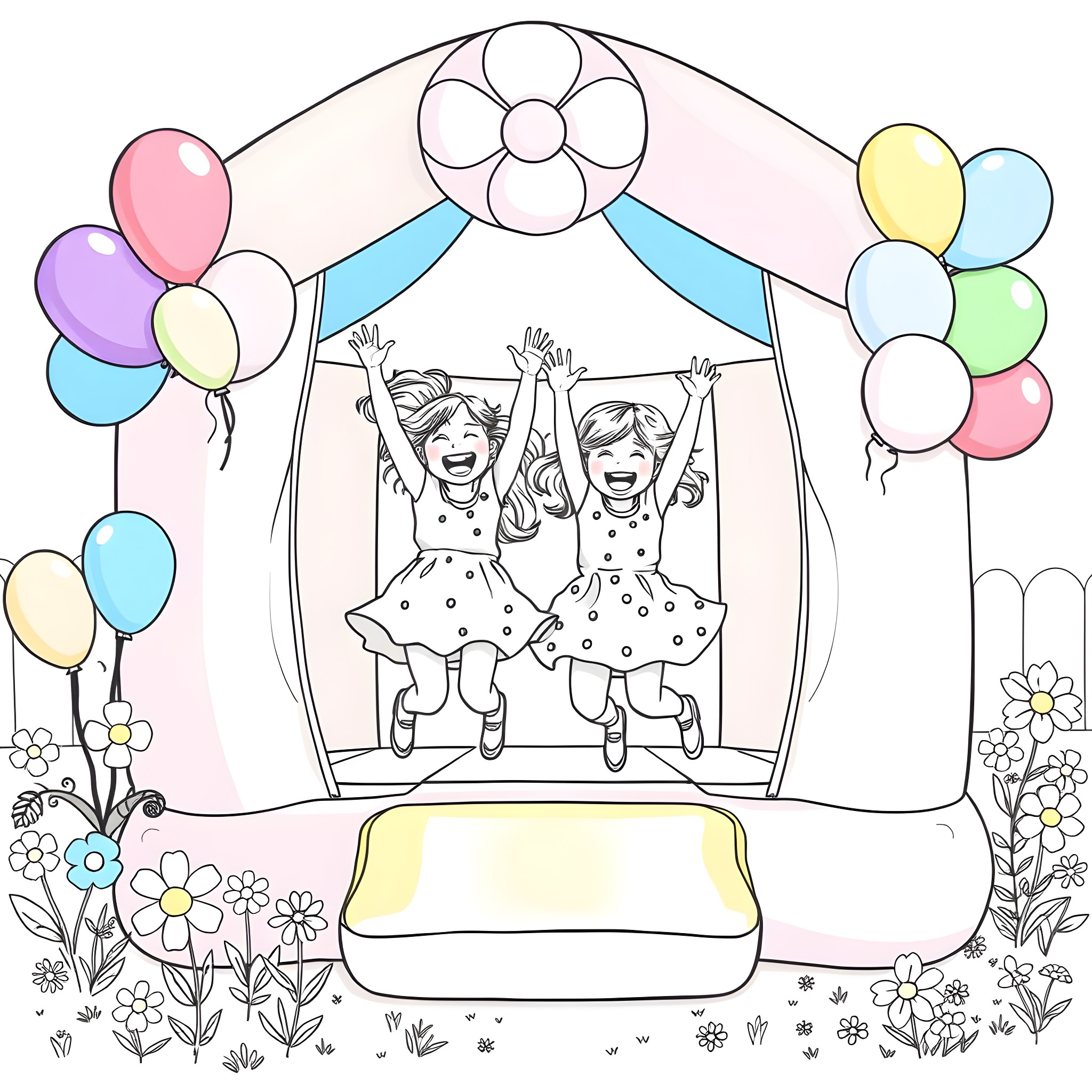 Sister's Joyful Dance with Balloons Coloring Page (free black-and-white line drawing printable PDF for all, from beginners to advanced learners, including children, teens, adults, and seniors)