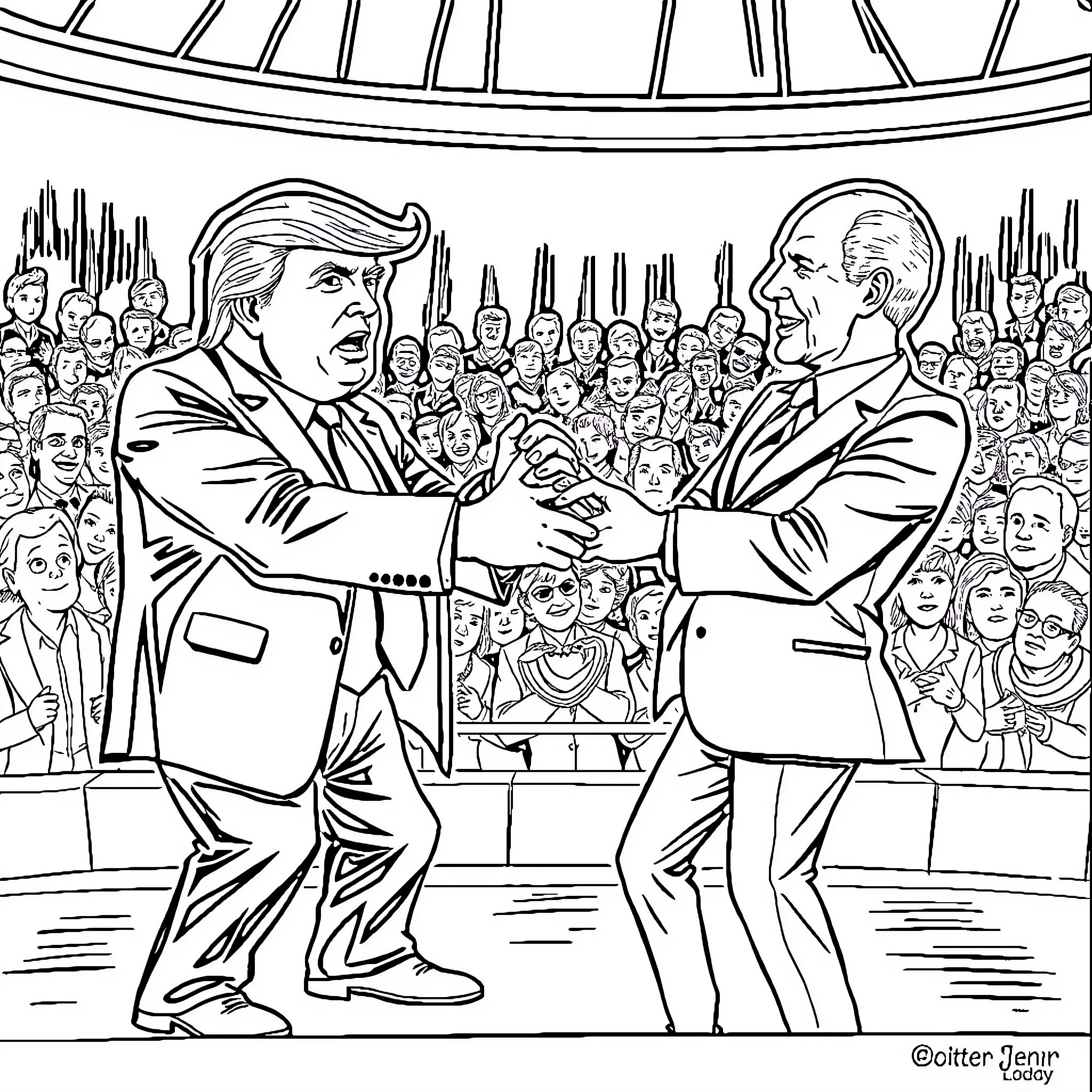 Trump and another figure shaking hands in front of a crowd Coloring Page (free black-and-white line drawing printable PDF for all, from beginners to advanced learners, including children, teens, adults, and seniors)