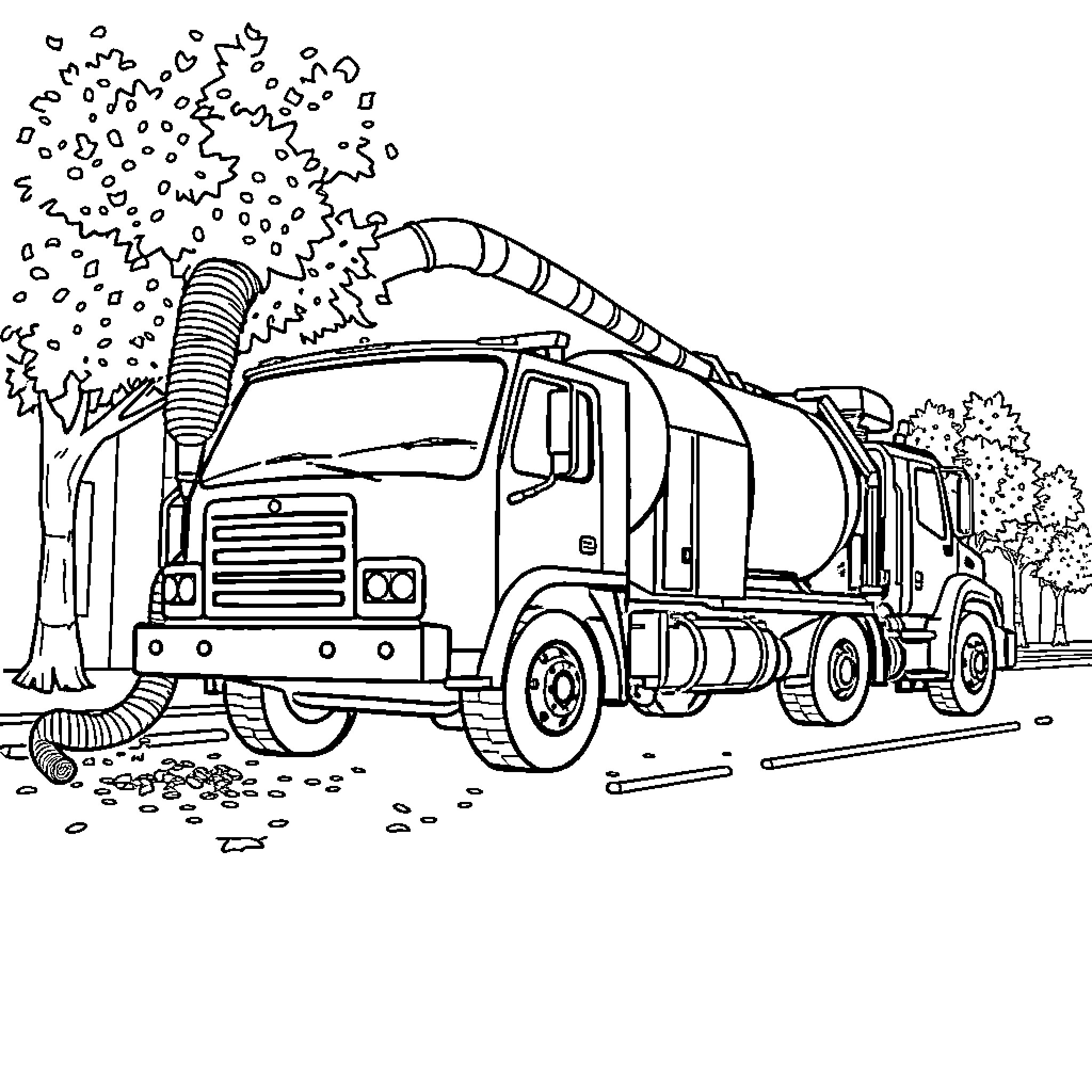 Vacuum Truck Cleaning Up Outdoor Environment Coloring Page (free black-and-white line drawing printable PDF for all, from beginners to advanced learners, including children, teens, adults, and seniors)