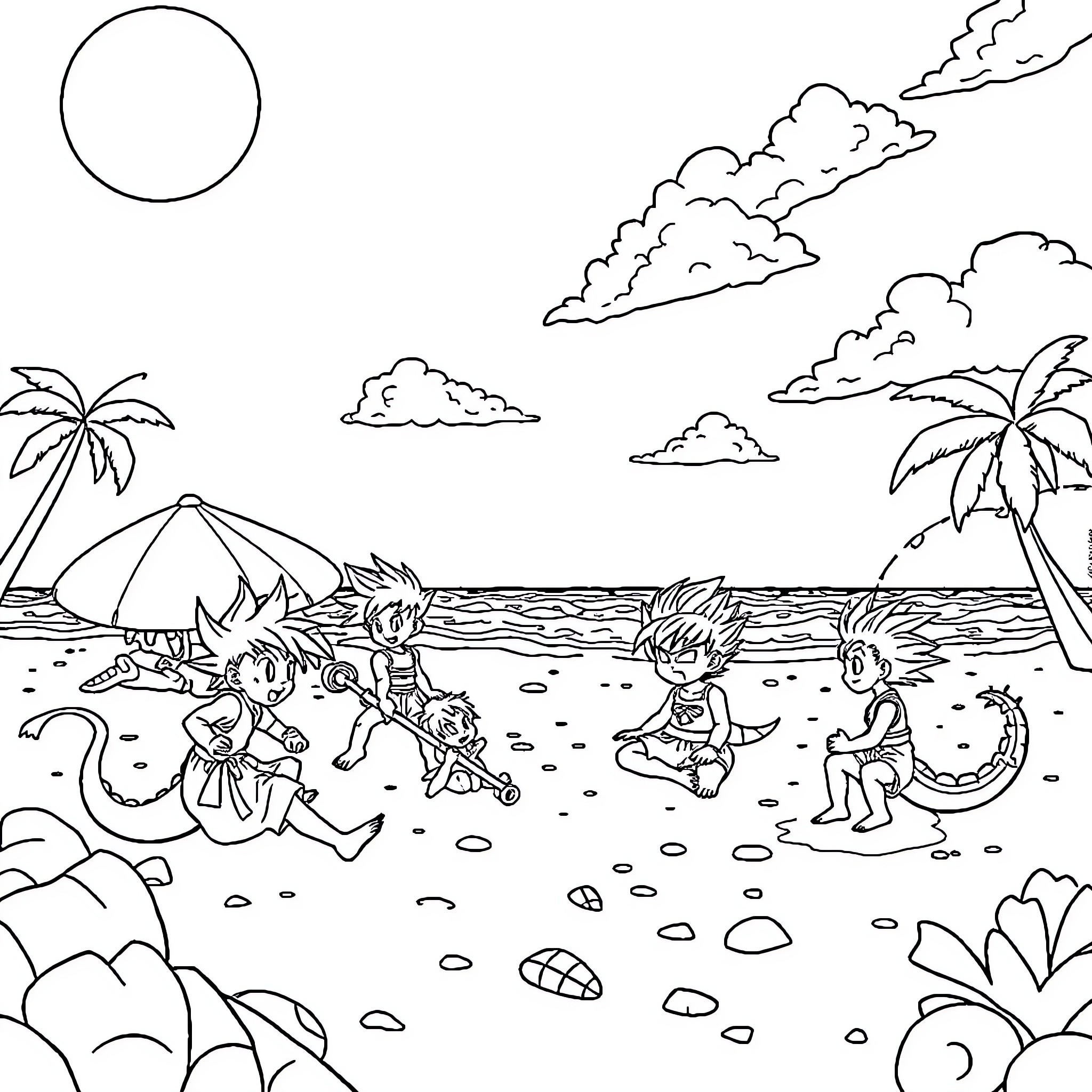 Dragon Ball characters playing on the beach Coloring Page (free black-and-white line drawing printable PDF for all, from beginners to advanced learners, including children, teens, adults, and seniors)