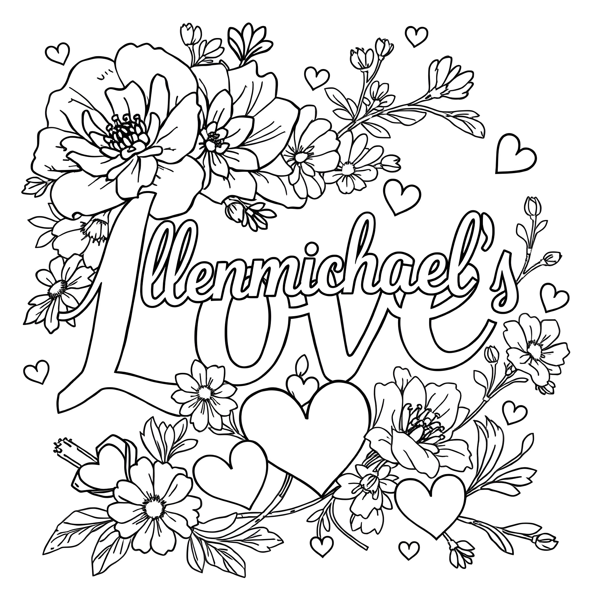 Font Floral Illustration with Love Lettering Coloring Page (free black-and-white line drawing printable PDF for all, from beginners to advanced learners, including children, teens, adults, and seniors)