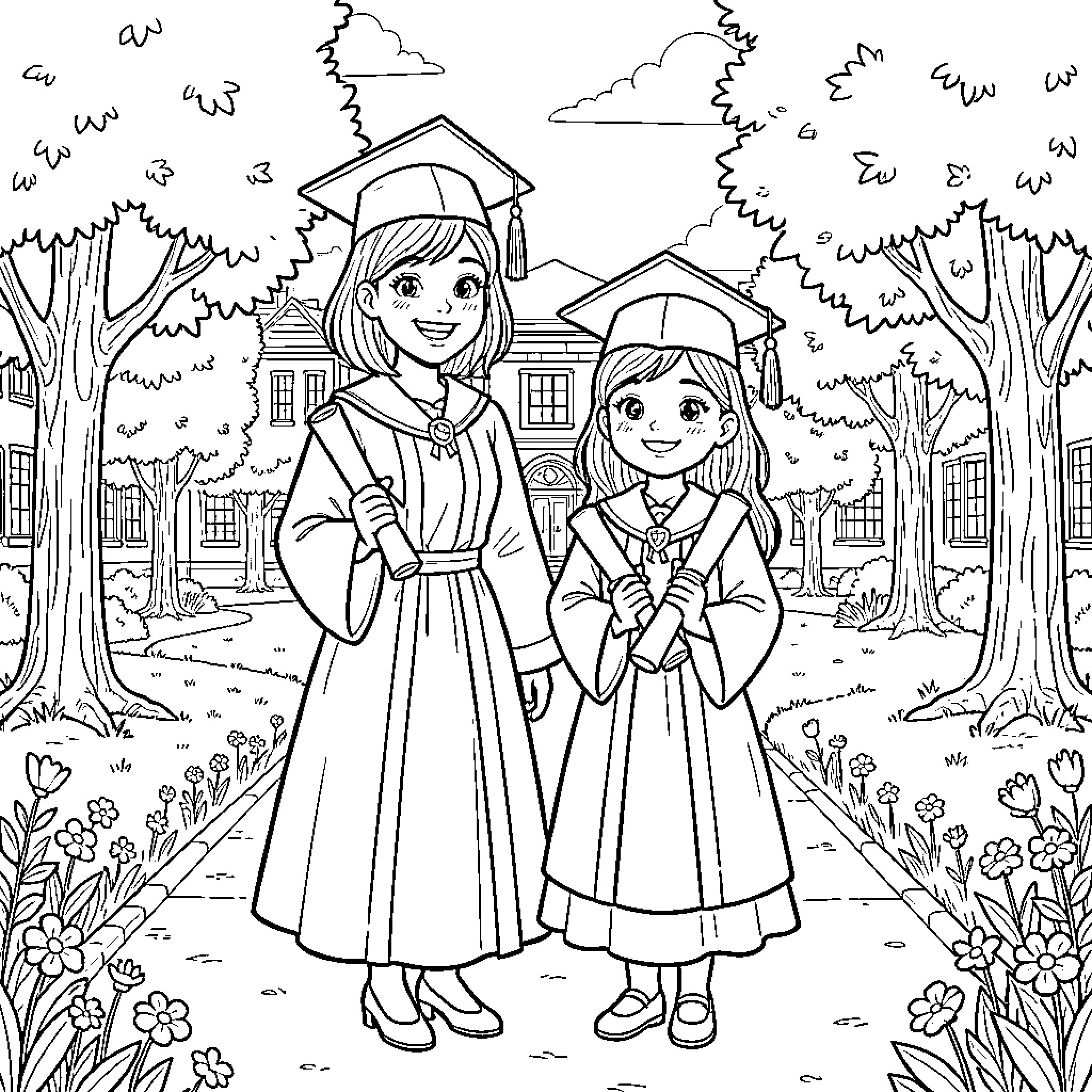 Godmother and graduate students in academic regalia Coloring Page (free black-and-white line drawing printable PDF for all, from beginners to advanced learners, including children, teens, adults, and seniors)
