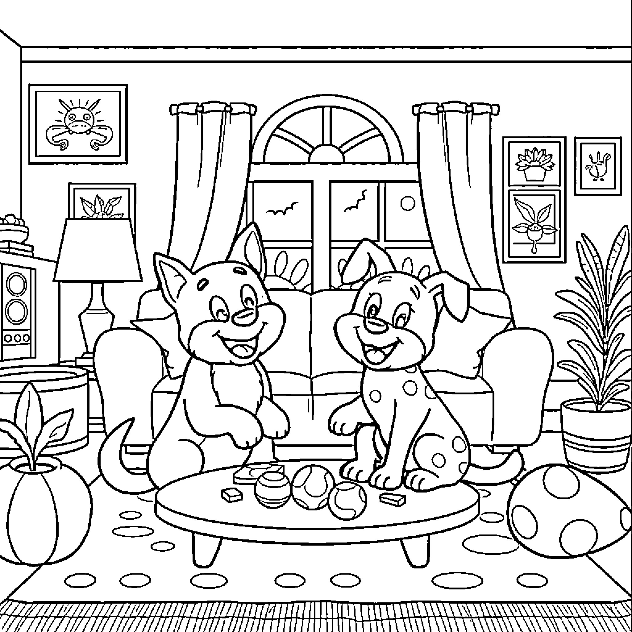 Bluey and Bingo's Cozy Home Adventure Coloring Page (free black-and-white line drawing printable PDF for all, from beginners to advanced learners, including children, teens, adults, and seniors)