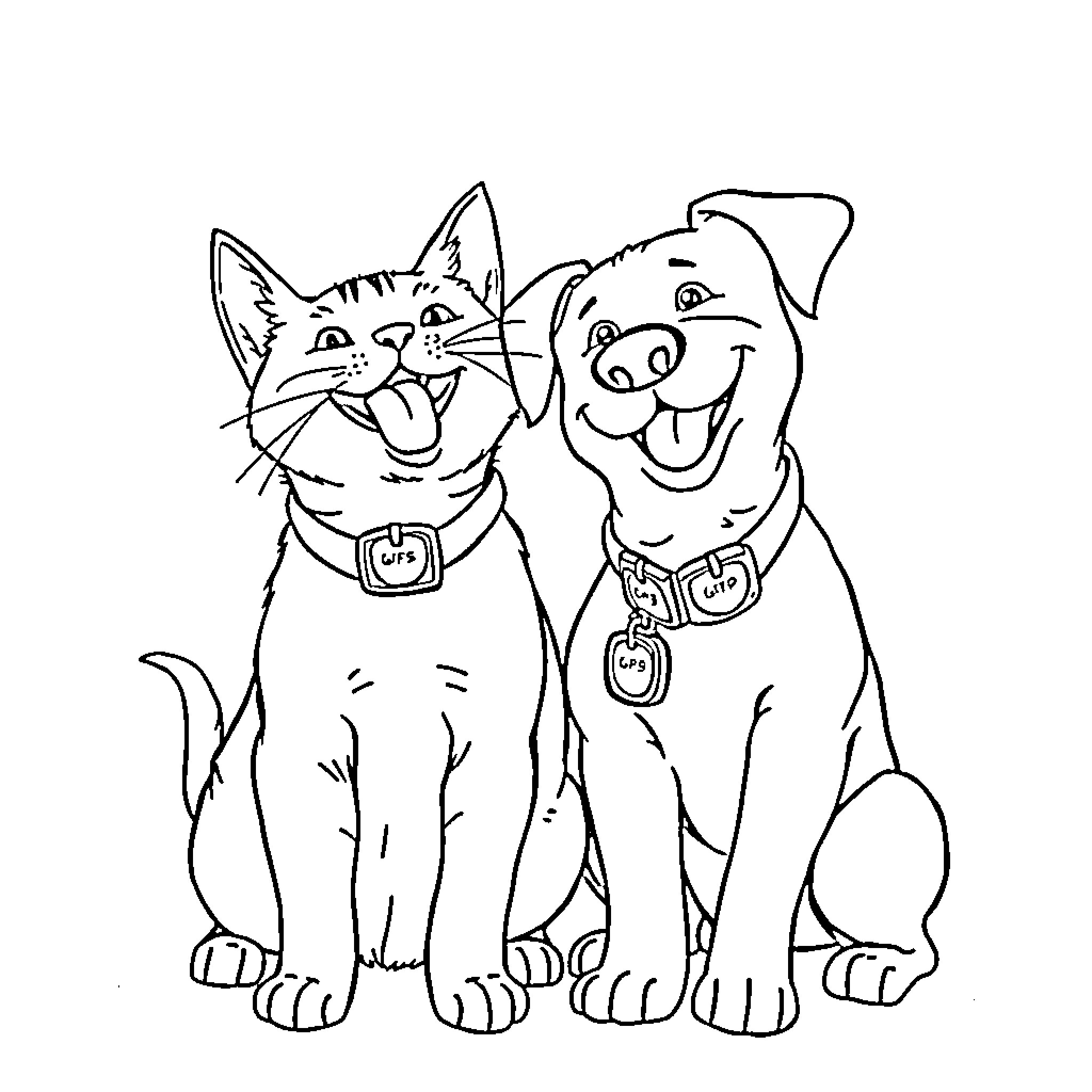 Cat and Dog Sitting Together Happily Coloring Page (free black-and-white line drawing printable PDF for all, from beginners to advanced learners, including children, teens, adults, and seniors)