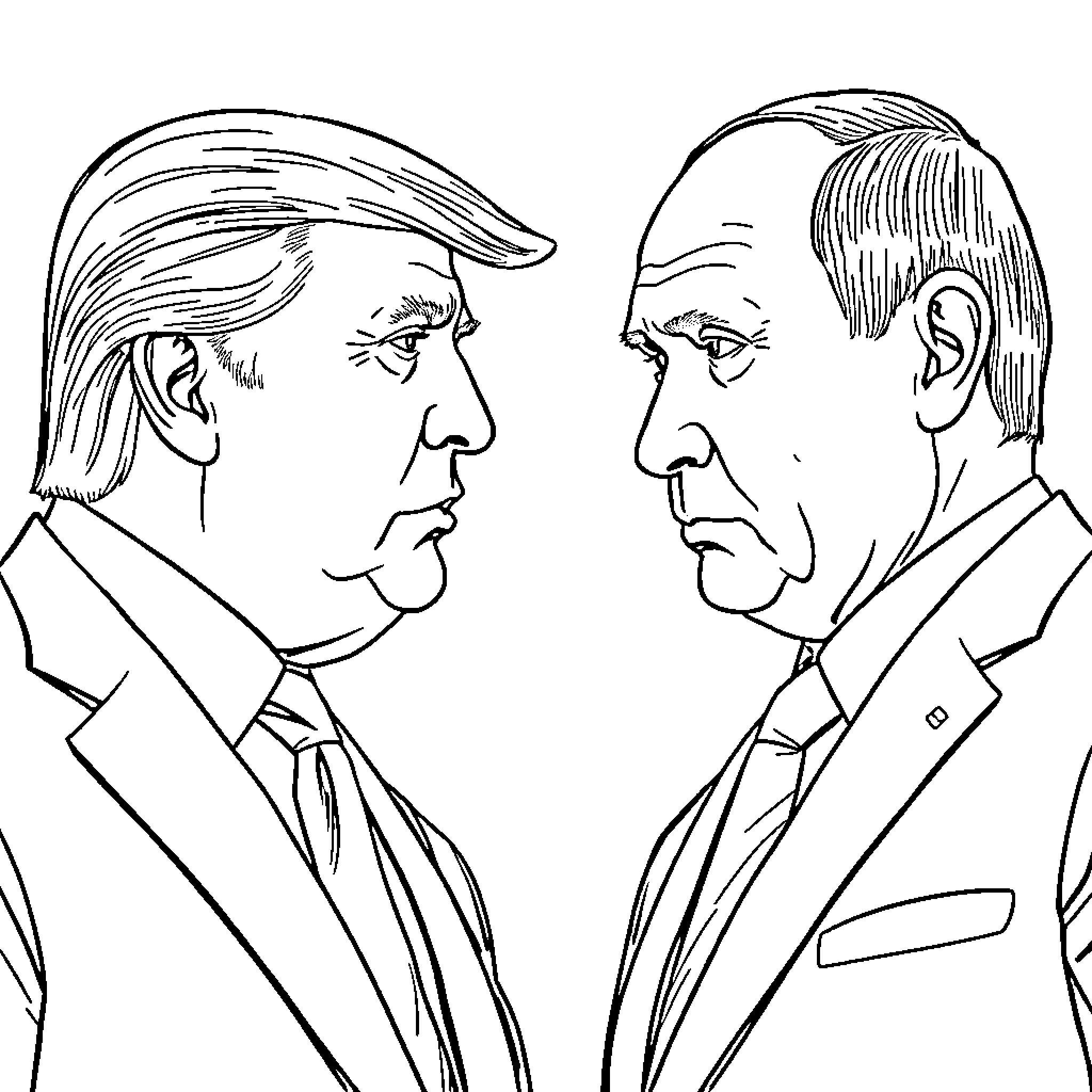 Trump Facing Off Against Political Rival Coloring Page (free black-and-white line drawing printable PDF for all, from beginners to advanced learners, including children, teens, adults, and seniors)