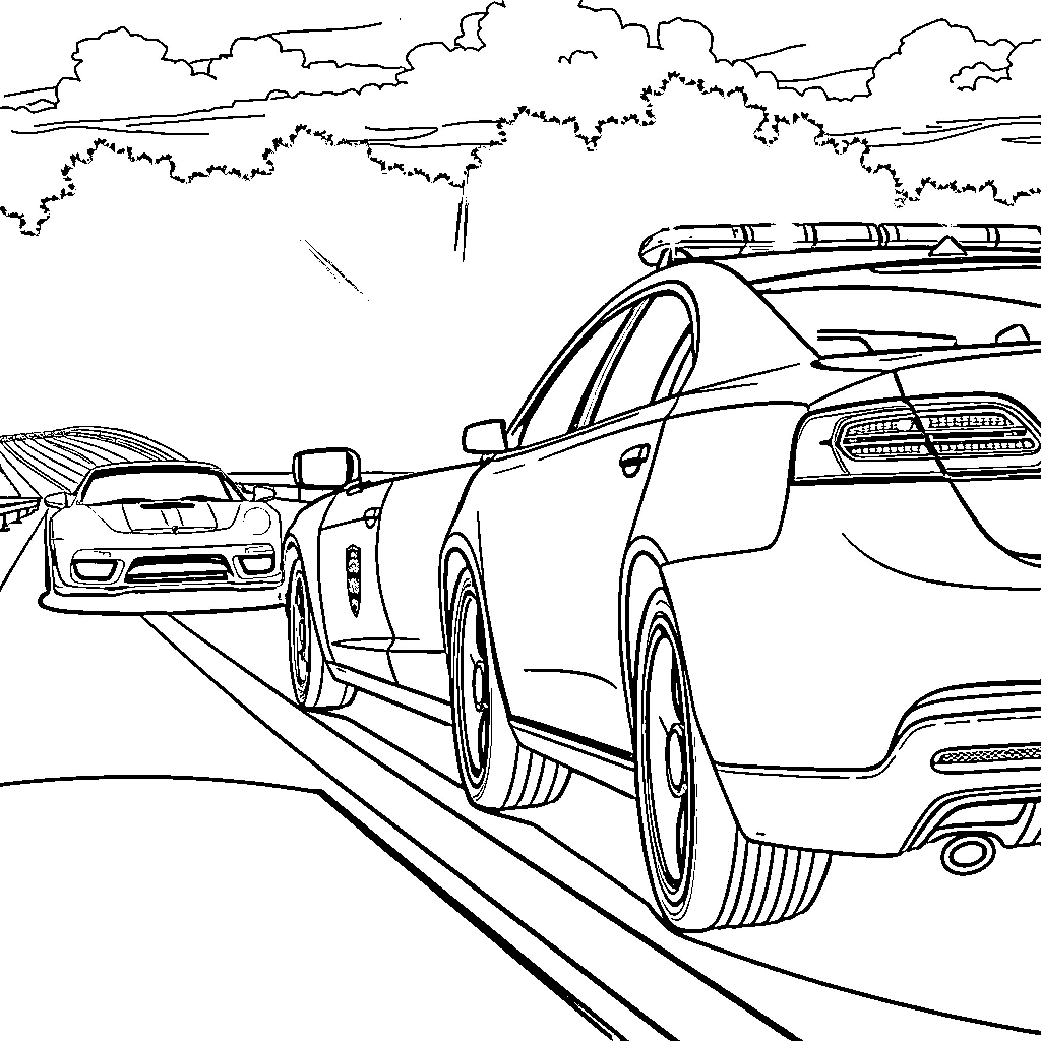 Police Car Speeding Down the Highway Coloring Page (free black-and-white line drawing printable PDF for all, from beginners to advanced learners, including children, teens, adults, and seniors)