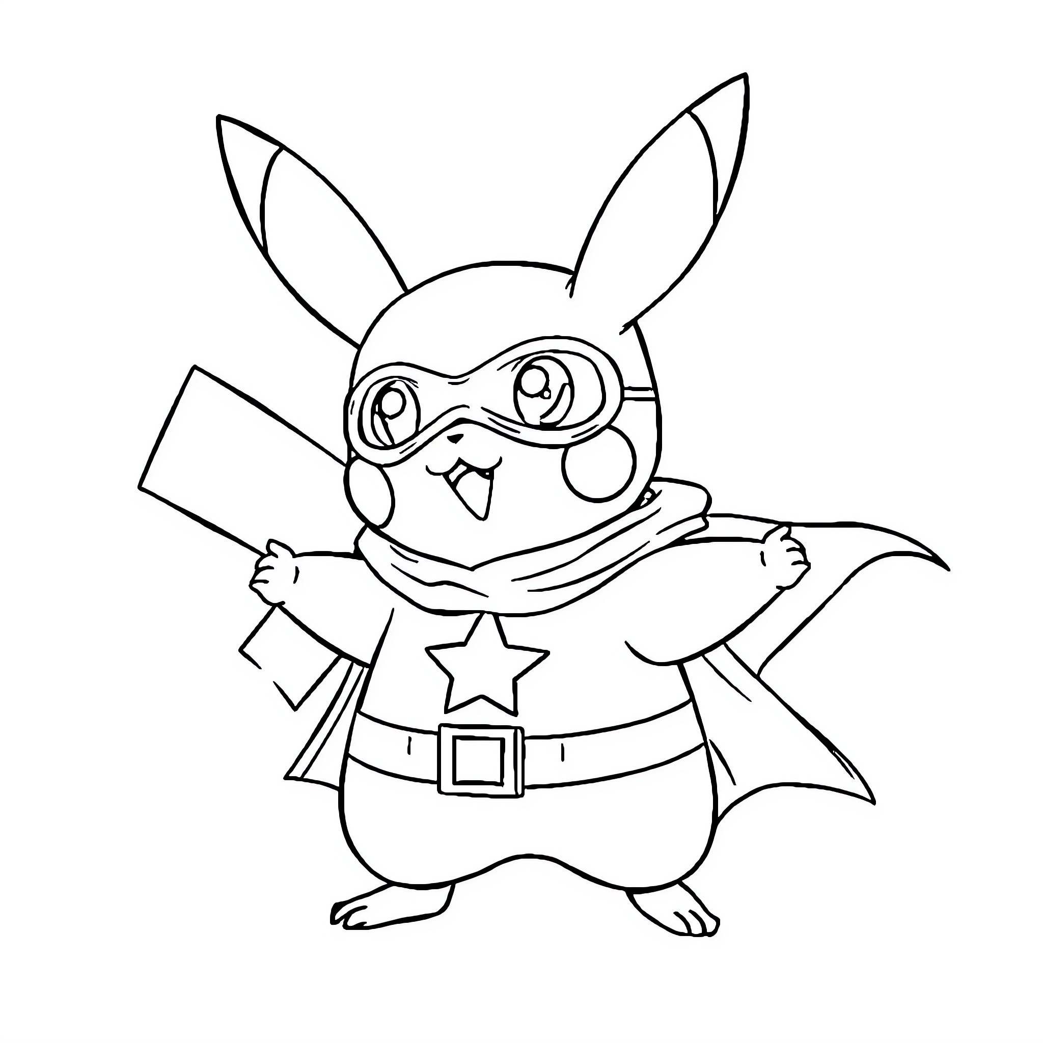 Pikachu as a superhero character Coloring Page (free black-and-white line drawing printable PDF for all, from beginners to advanced learners, including children, teens, adults, and seniors)