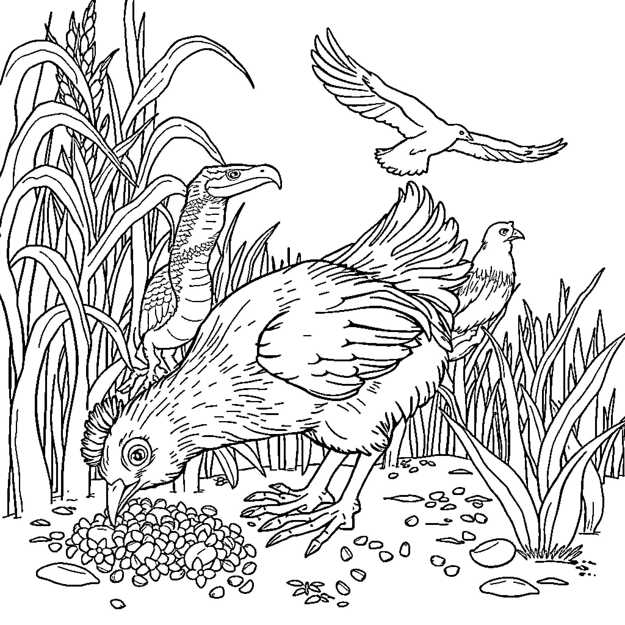 Gallina roaming in the natural environment Coloring Page (free black-and-white line drawing printable PDF for all, from beginners to advanced learners, including children, teens, adults, and seniors)