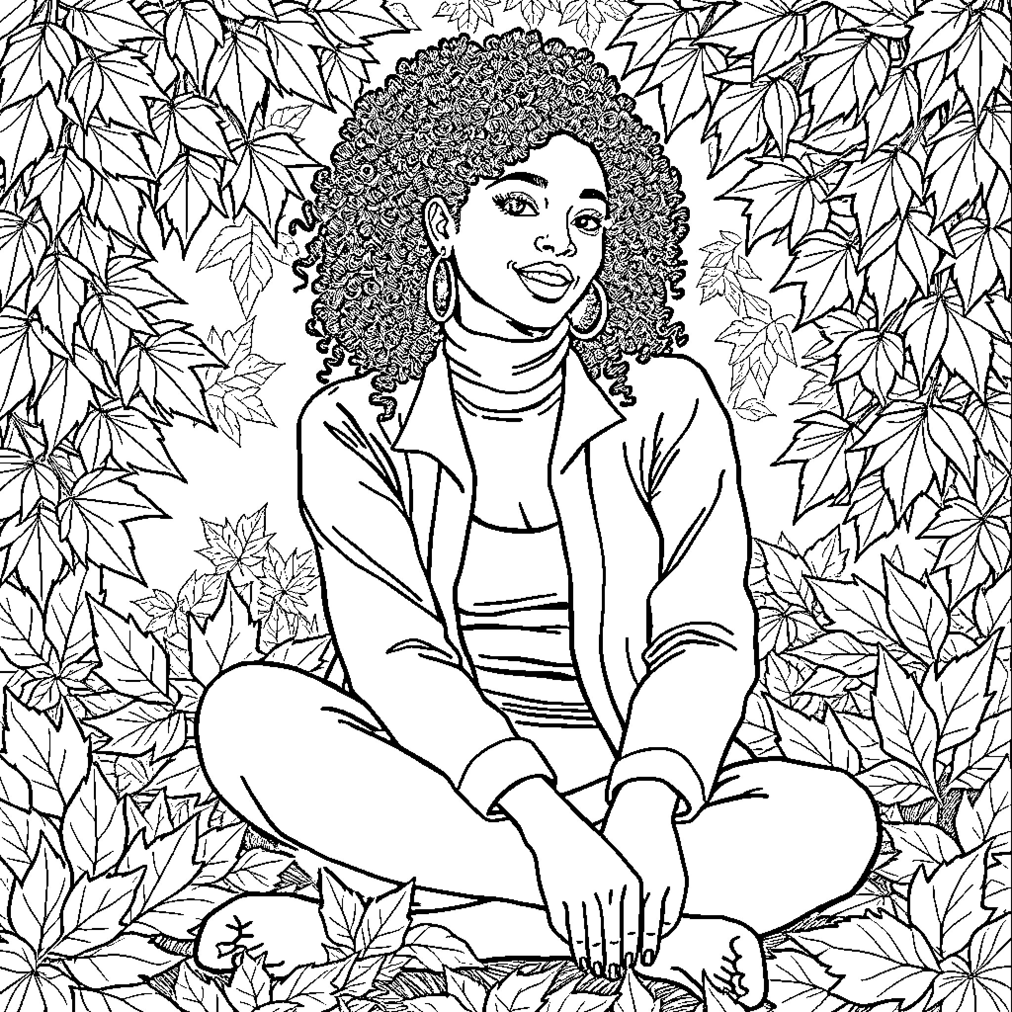 Woman sitting with curly hair in nature Coloring Page (free black-and-white line drawing printable PDF for all, from beginners to advanced learners, including children, teens, adults, and seniors)