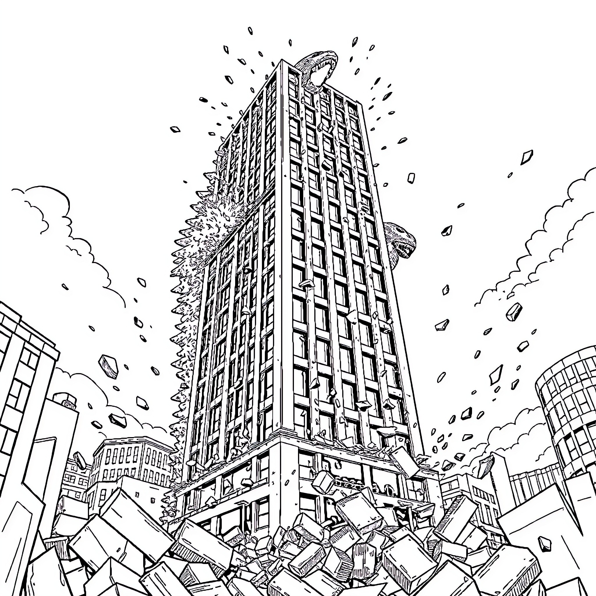 Monster Skyscraper Towers Over Destroyed City Coloring Page (free black-and-white line drawing printable PDF for all, from beginners to advanced learners, including children, teens, adults, and seniors)