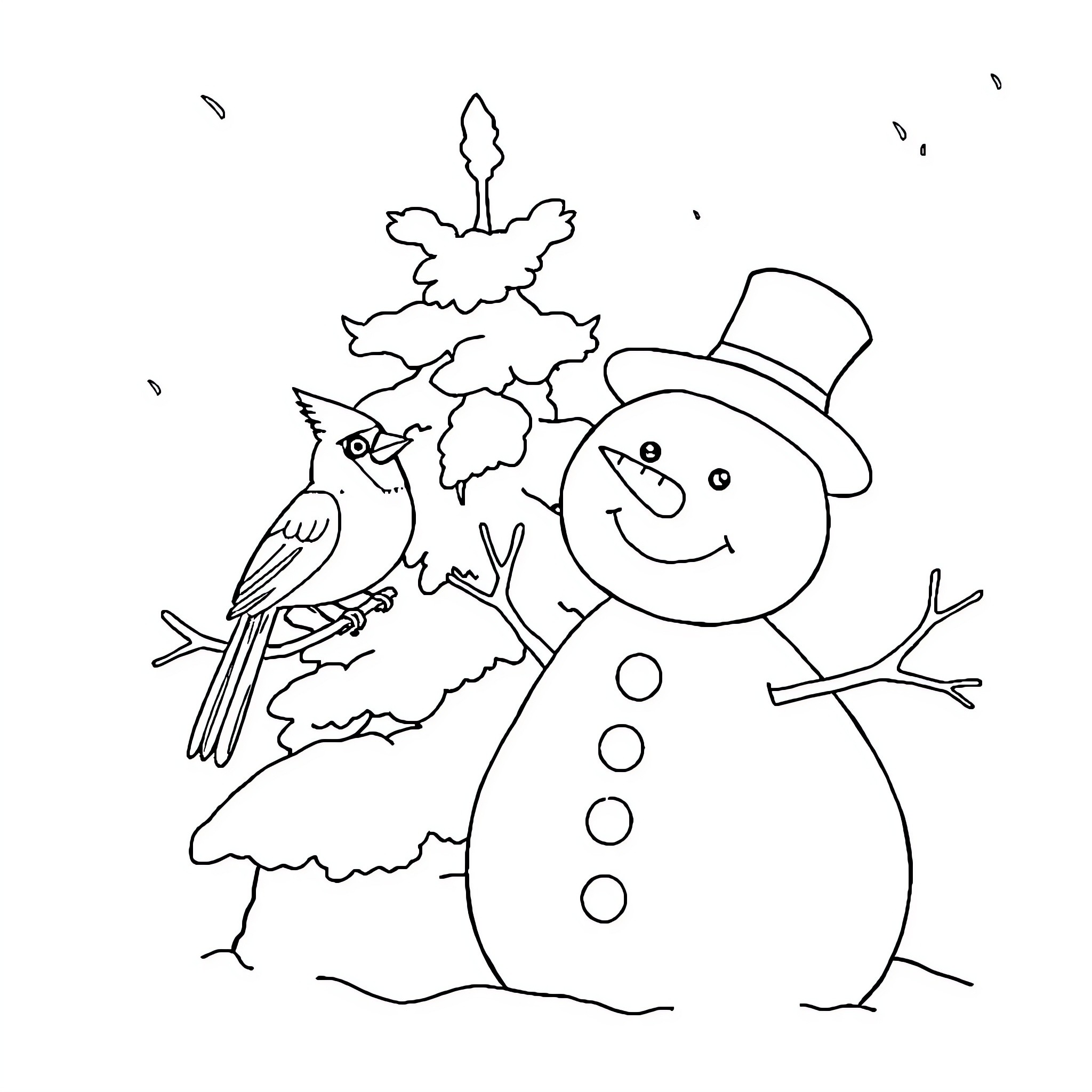 Cardinal and Cheerful Snowman Enjoying Winter Scene Coloring Page (free black-and-white line drawing printable PDF for all, from beginners to advanced learners, including children, teens, adults, and seniors)