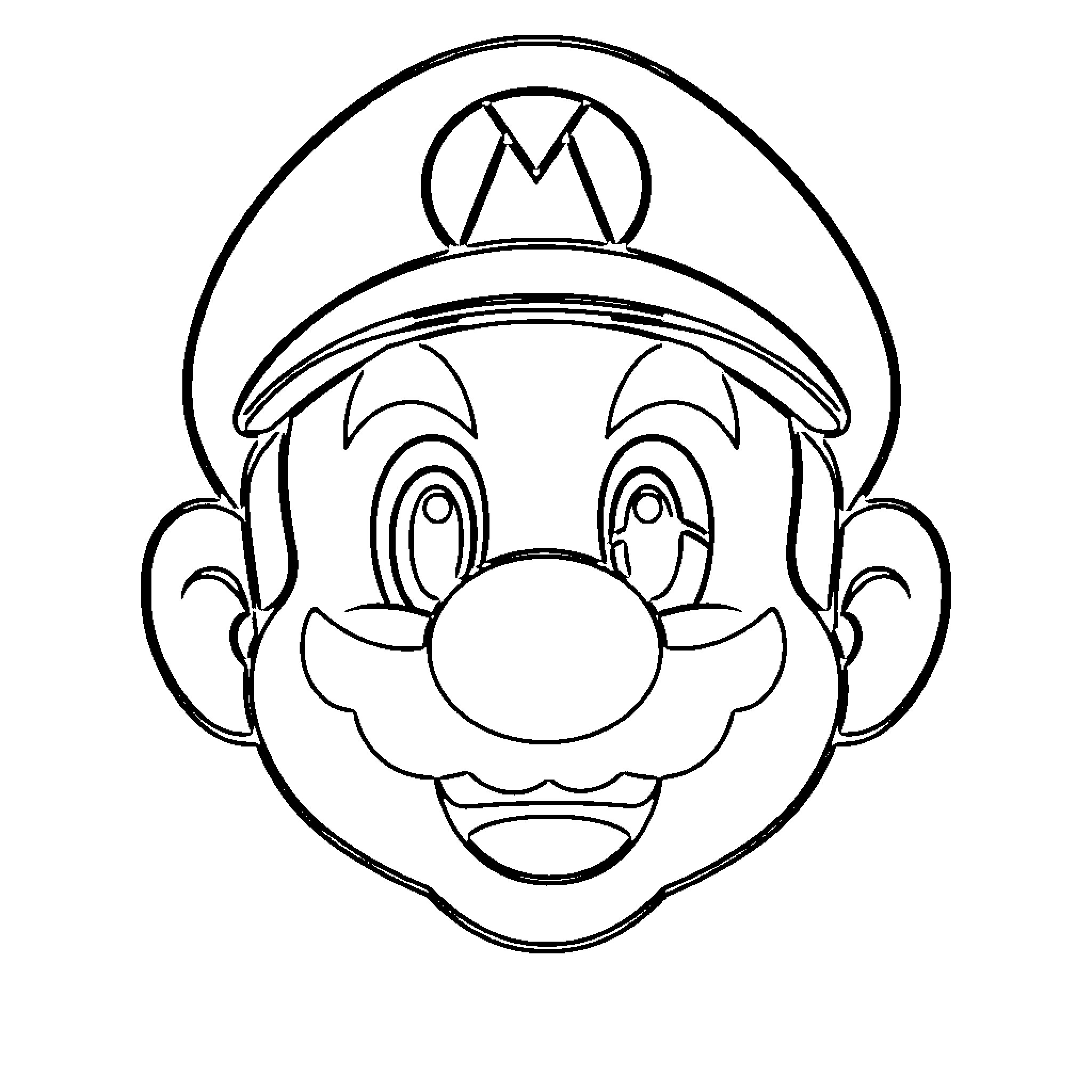 Mario's Cheerful Countenance in Iconic Attire Coloring Page (free black-and-white line drawing printable PDF for all, from beginners to advanced learners, including children, teens, adults, and seniors)