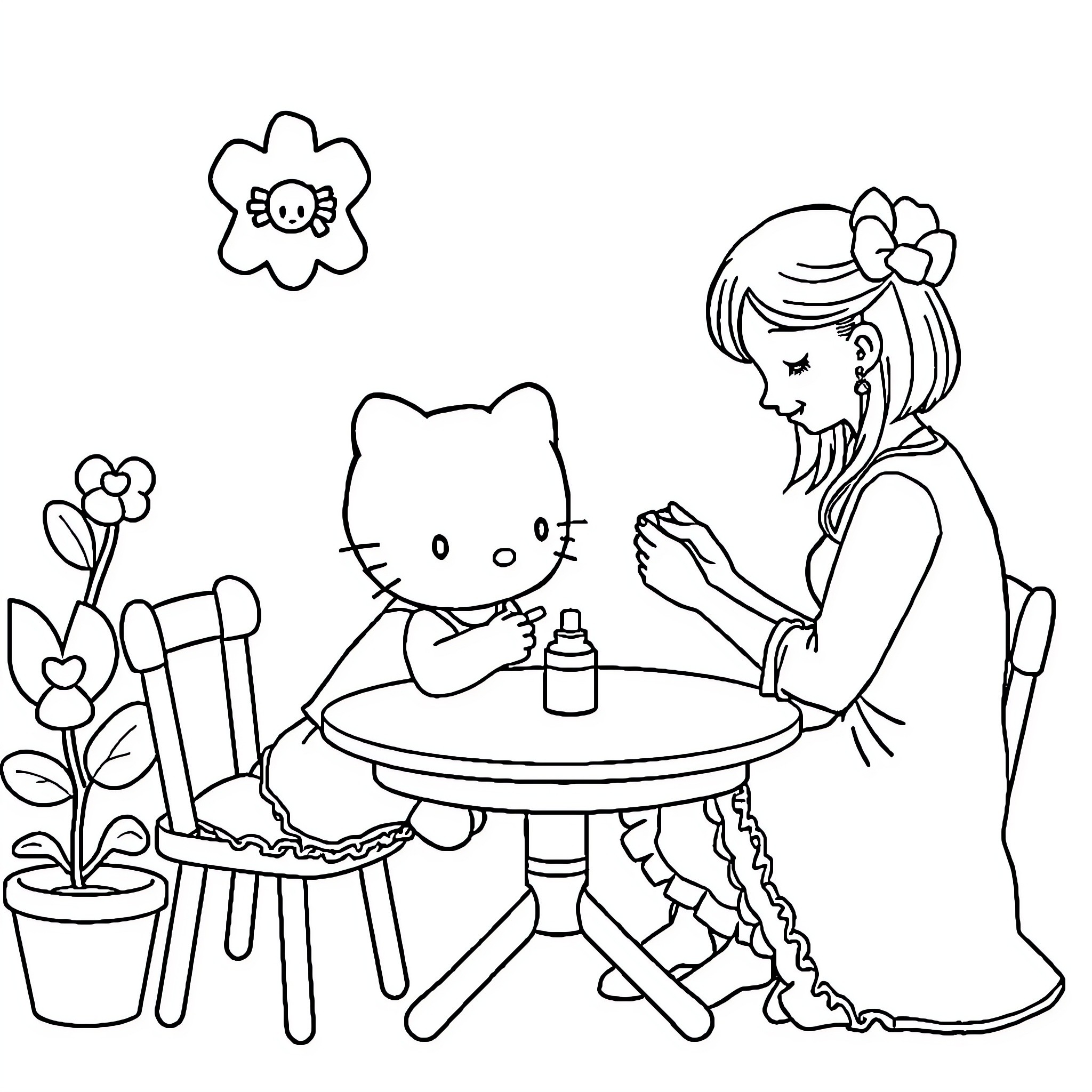 Hello Kitty Enjoying Tea Time with Friend Coloring Page (free black-and-white line drawing printable PDF for all, from beginners to advanced learners, including children, teens, adults, and seniors)
