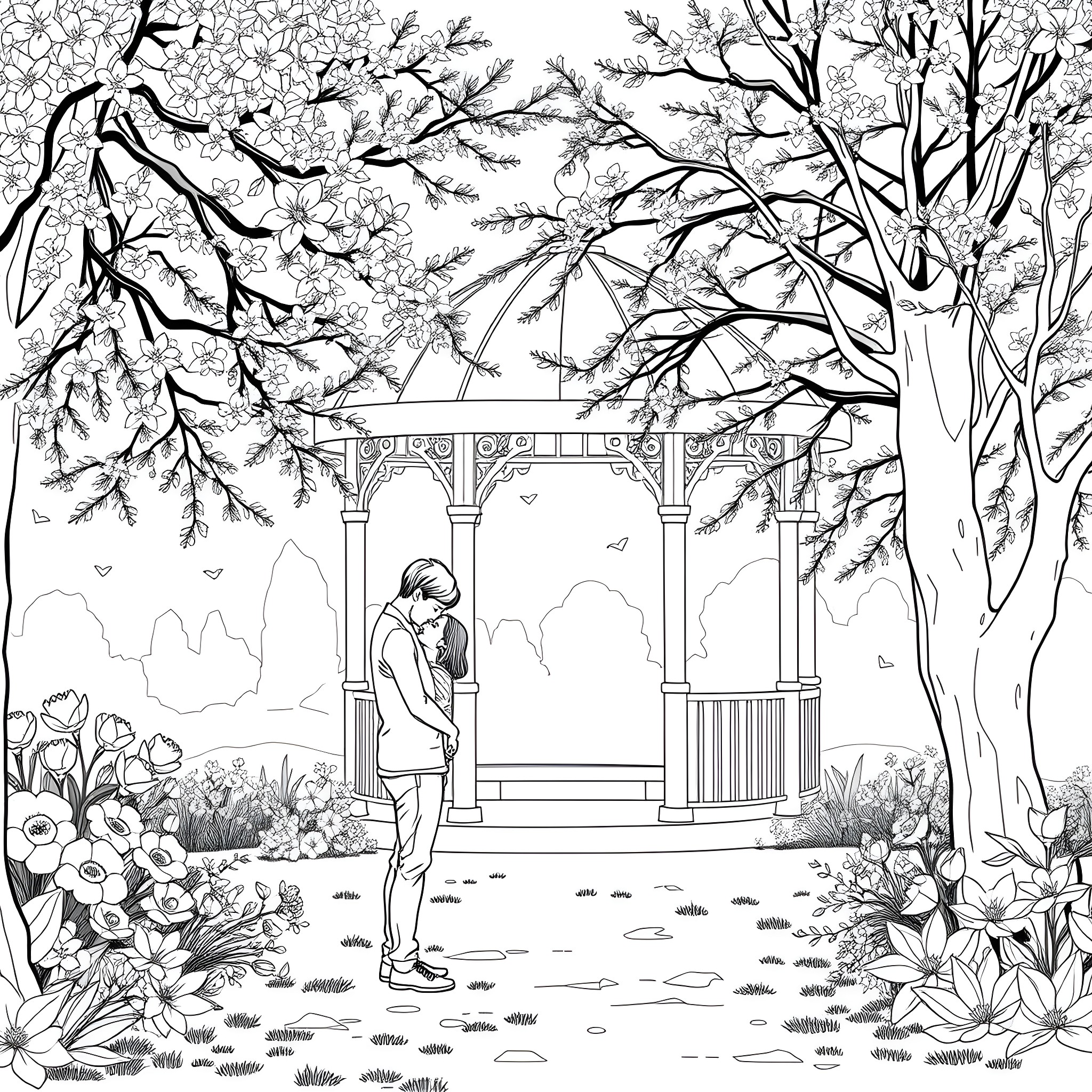 Engagement in the Enchanted Garden Coloring Page (free black-and-white line drawing printable PDF for all, from beginners to advanced learners, including children, teens, adults, and seniors)