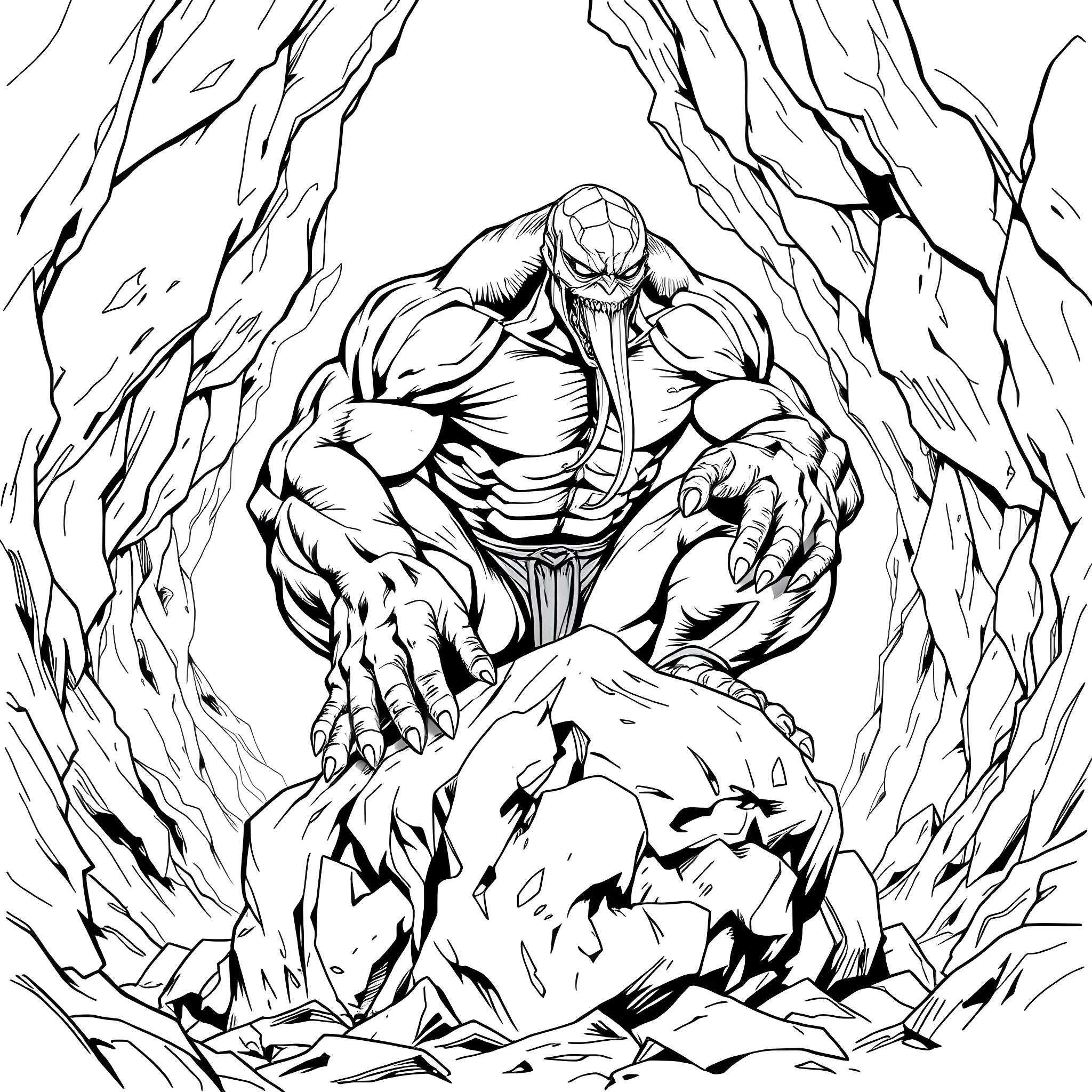 Venom emerging from the shattered ground Coloring Page (free black-and-white line drawing printable PDF for all, from beginners to advanced learners, including children, teens, adults, and seniors)