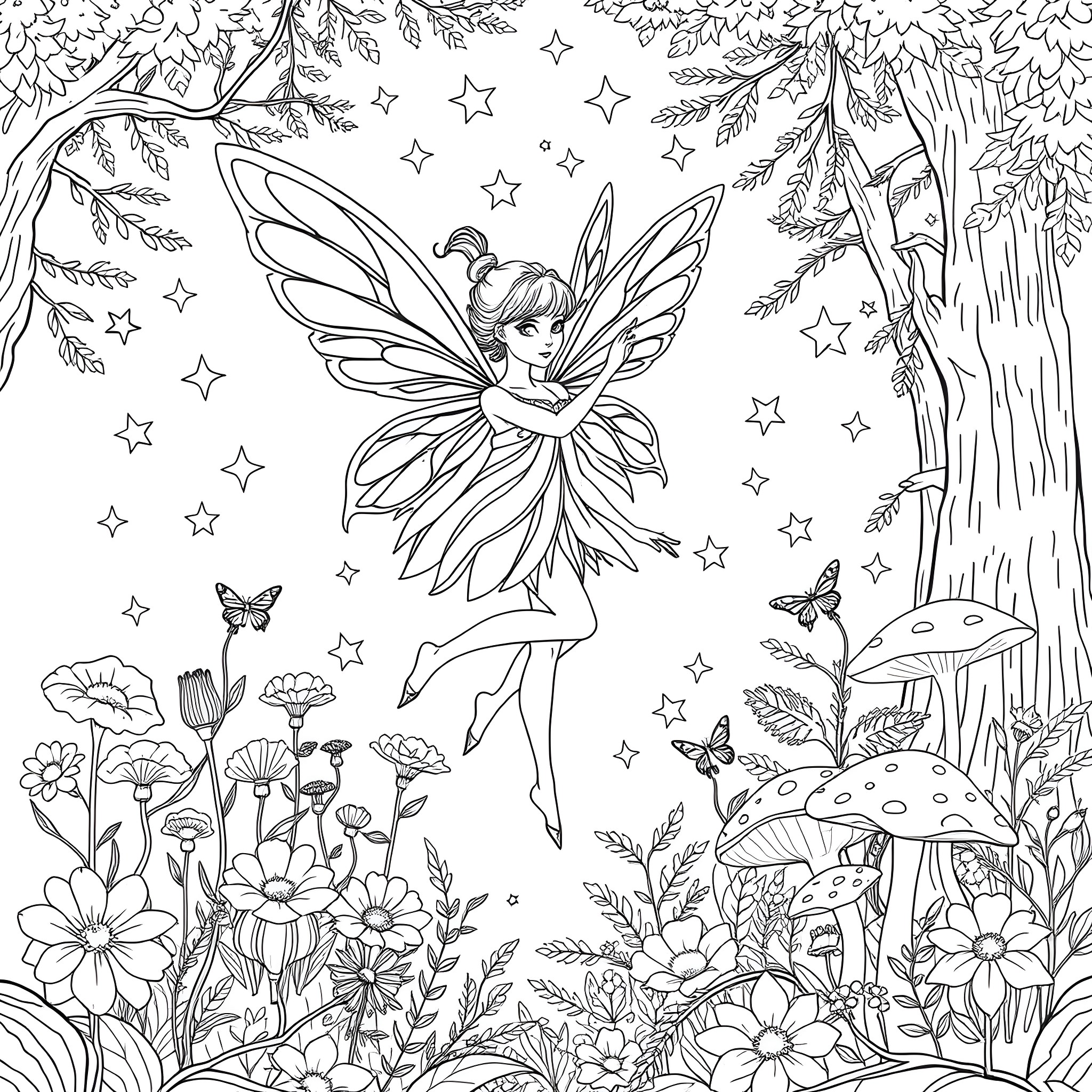 Fairy dancing amidst whimsical forest scenery Coloring Page (free black-and-white line drawing printable PDF for all, from beginners to advanced learners, including children, teens, adults, and seniors)