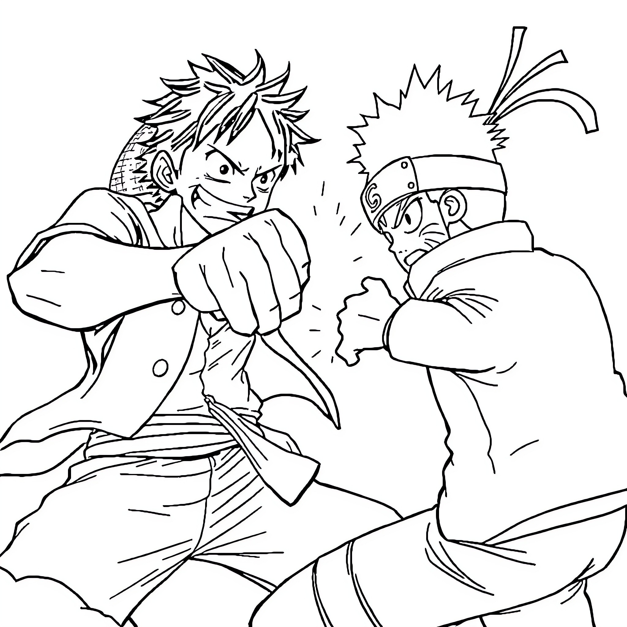 Luffy engaging in an intense battle Coloring Page (free black-and-white line drawing printable PDF for all, from beginners to advanced learners, including children, teens, adults, and seniors)