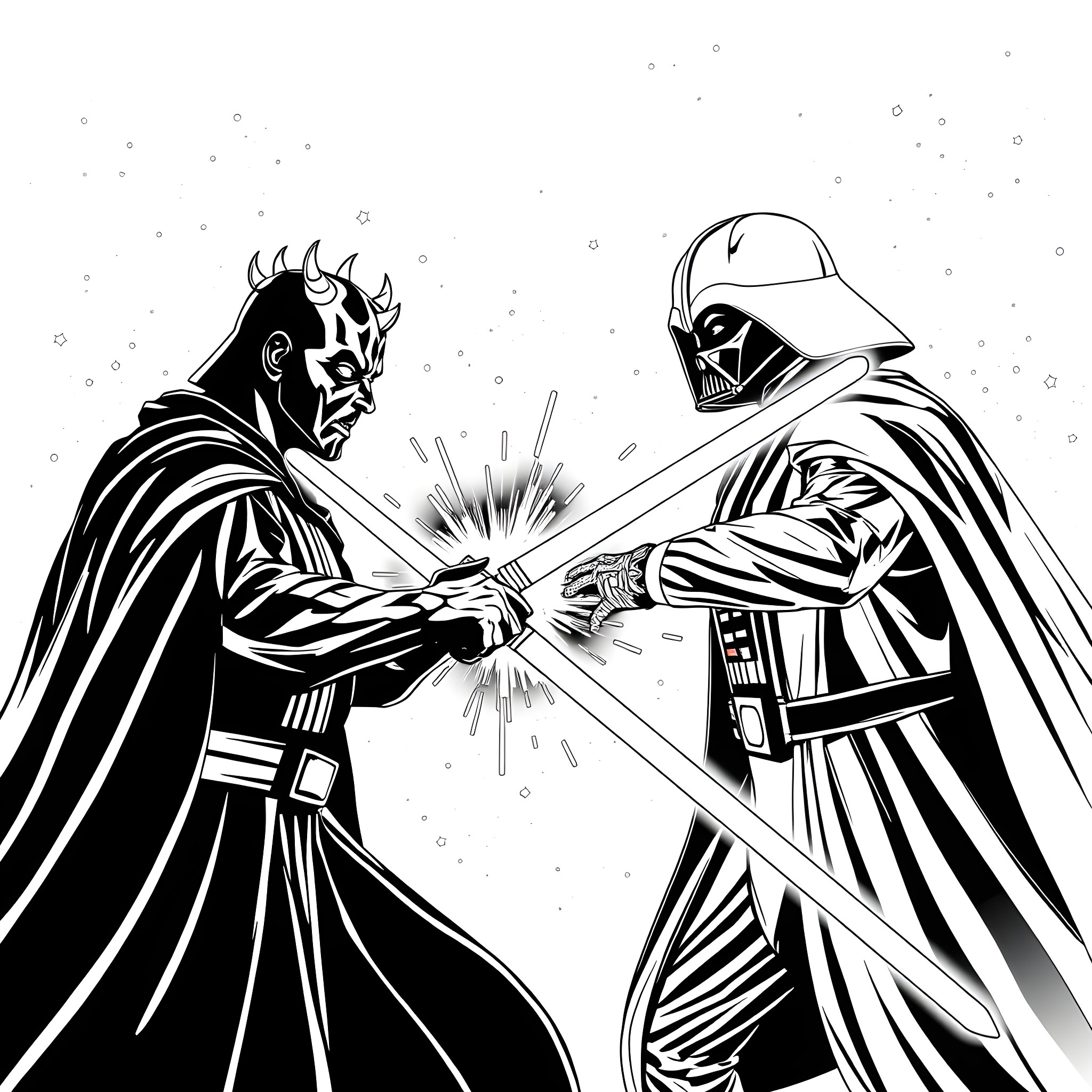 Darth Maul and Darth Vader in an epic lightsaber duel Coloring Page (free black-and-white line drawing printable PDF for all, from beginners to advanced learners, including children, teens, adults, and seniors)
