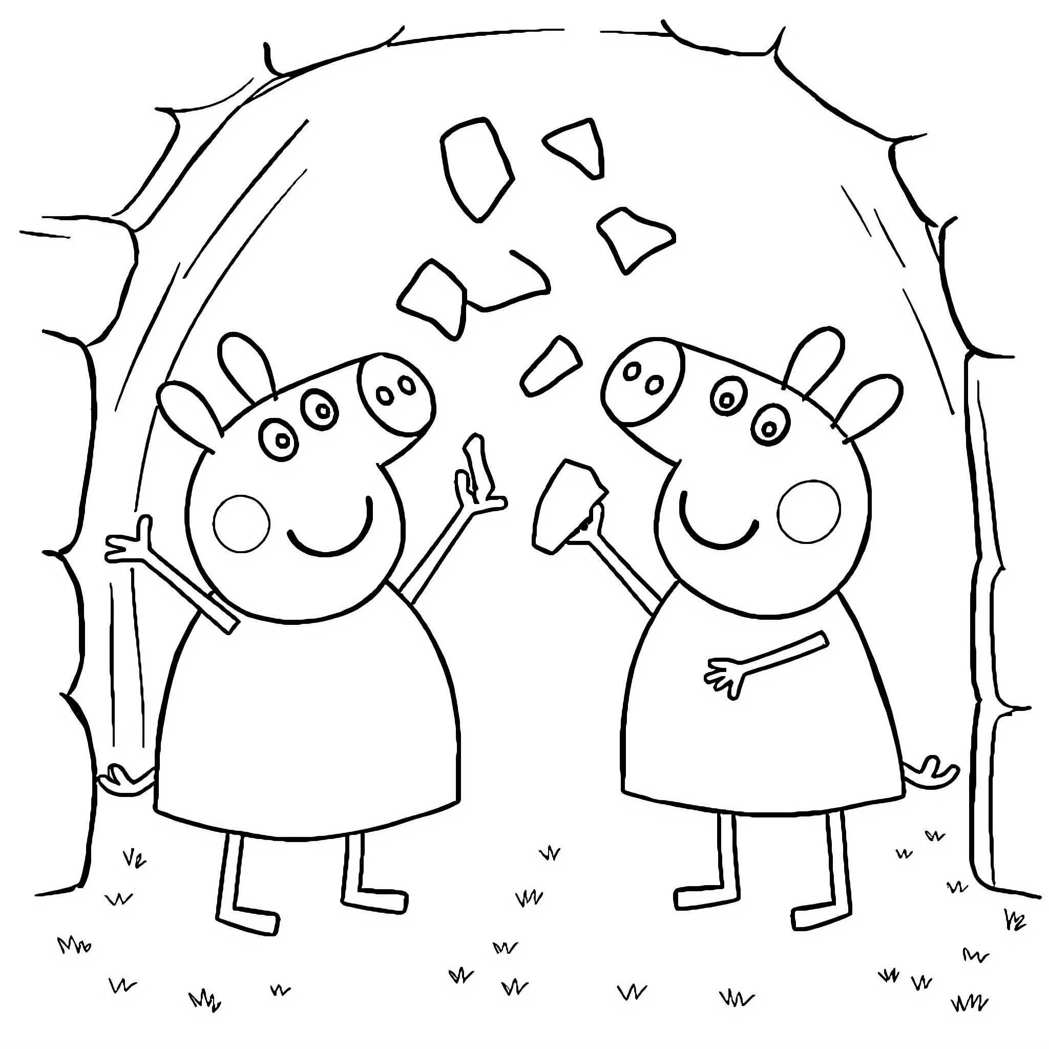 Peppa Pig and friends playing together Coloring Page (free black-and-white line drawing printable PDF for all, from beginners to advanced learners, including children, teens, adults, and seniors)