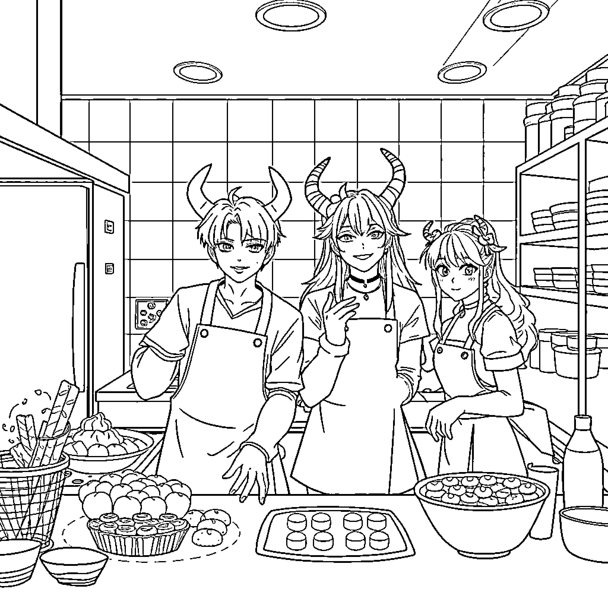 Demon Hunters in the Culinary Scene Coloring Page (free black-and-white line drawing printable PDF for all, from beginners to advanced learners, including children, teens, adults, and seniors)