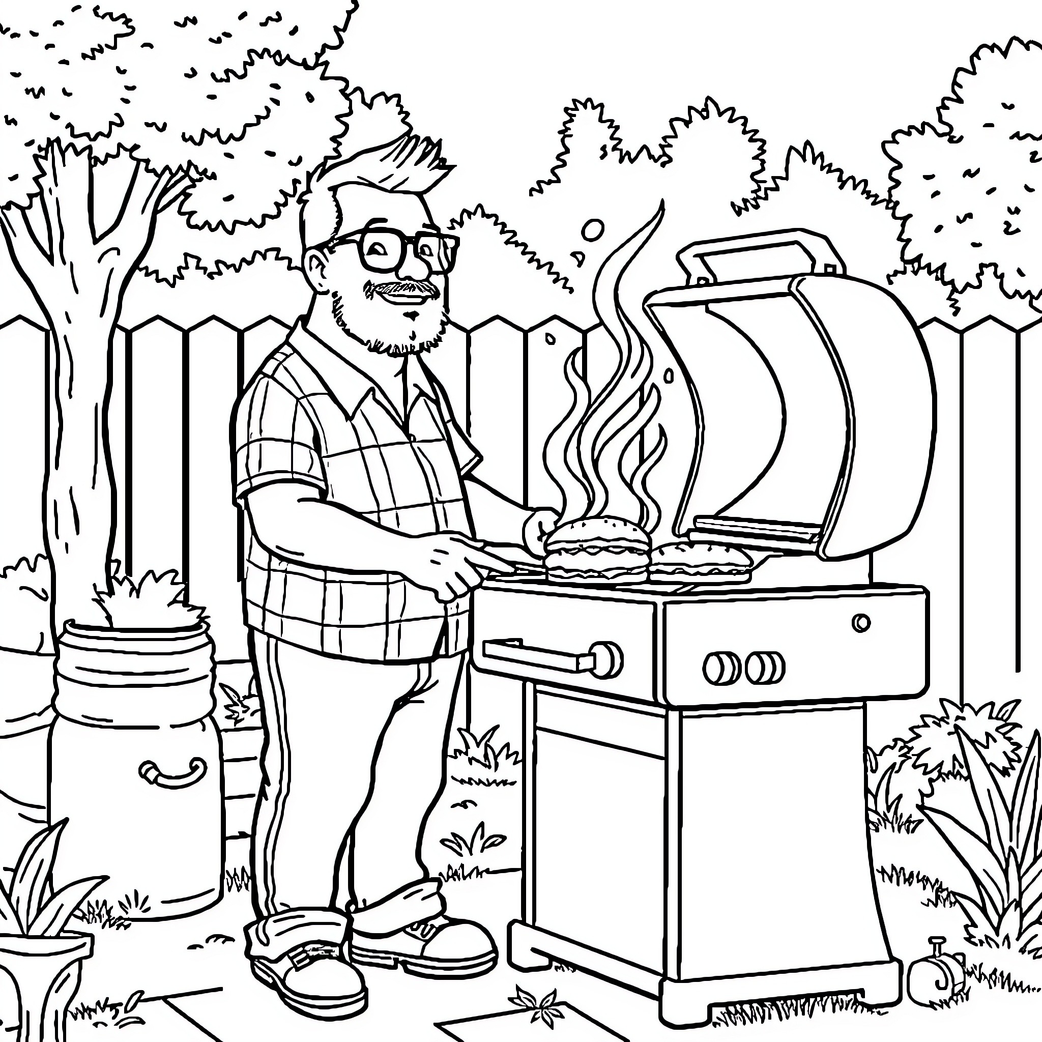 Hank Hill enjoying a BBQ in the backyard Coloring Page (free black-and-white line drawing printable PDF for all, from beginners to advanced learners, including children, teens, adults, and seniors)