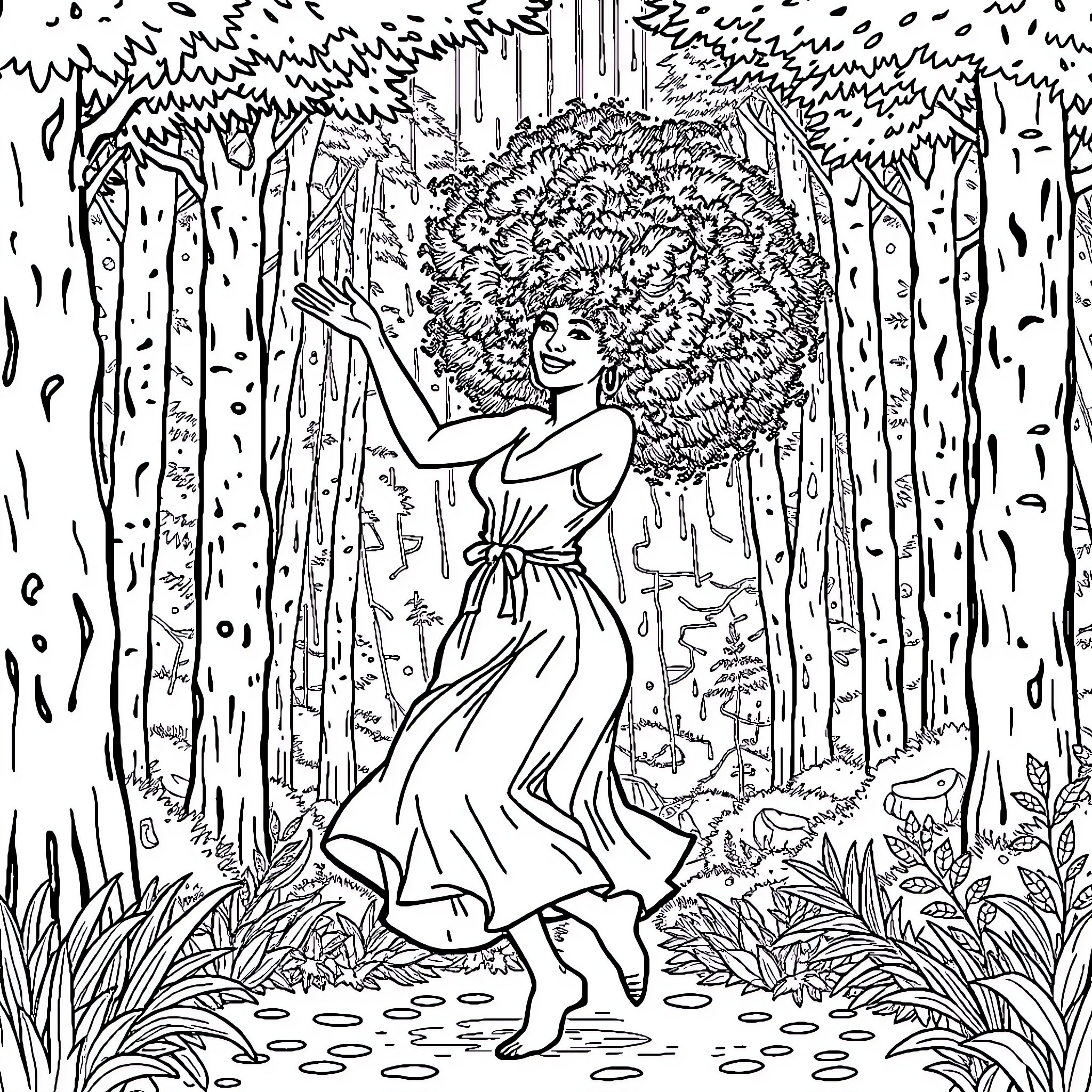 Woman dancing joyfully in the enchanted forest Coloring Page (free black-and-white line drawing printable PDF for all, from beginners to advanced learners, including children, teens, adults, and seniors)