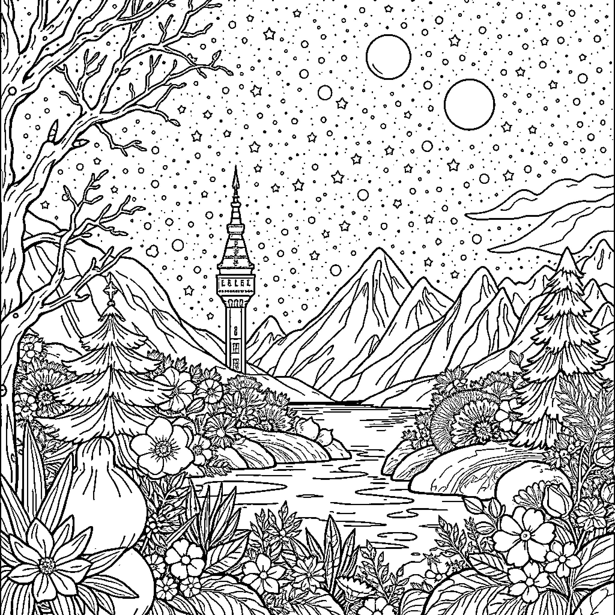 Thermal Floors: Serene Winter Landscape with Intricate Details Coloring Page (free black-and-white line drawing printable PDF for all, from beginners to advanced learners, including children, teens, adults, and seniors)