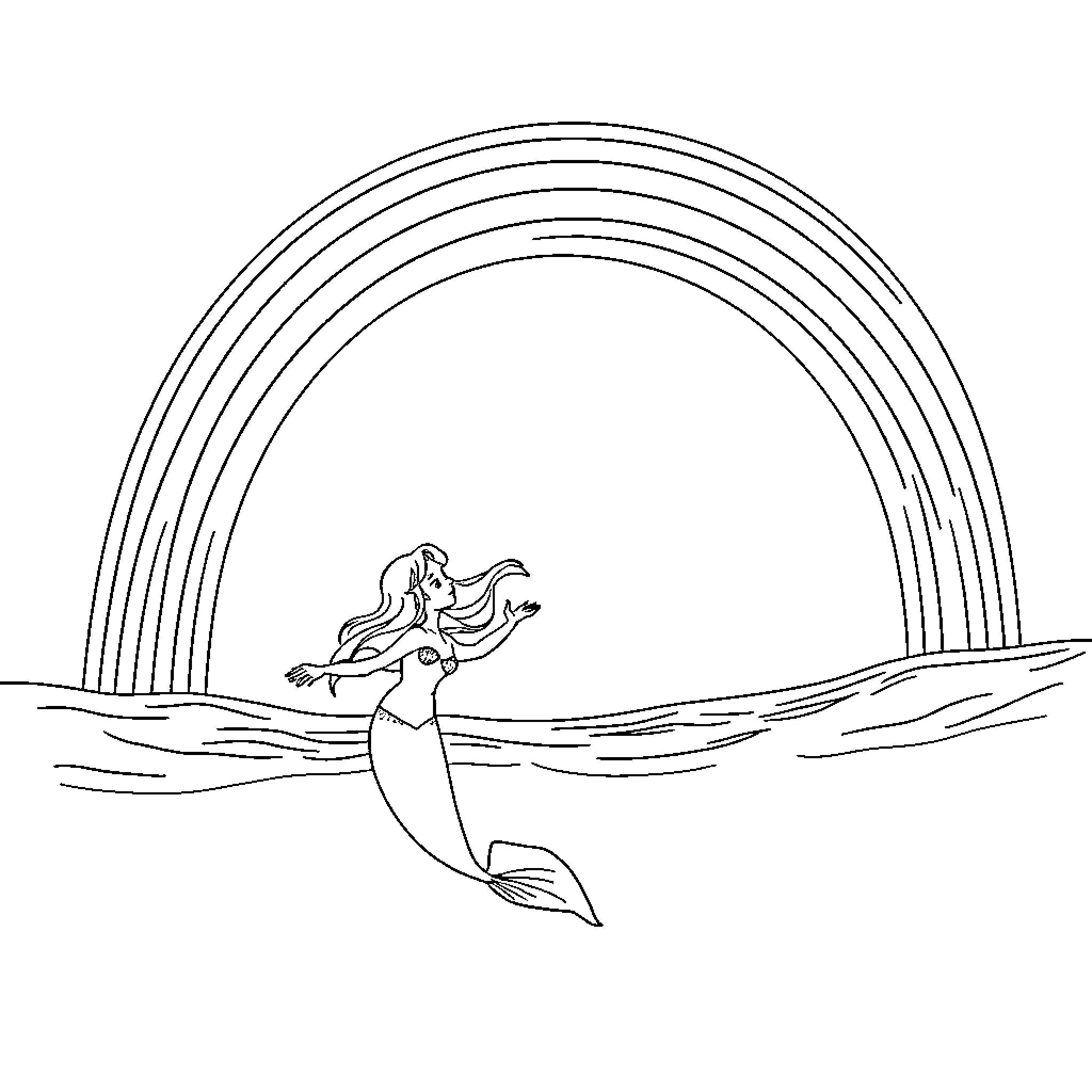 Mermaid swimming in the ocean with rainbows Coloring Page (free black-and-white line drawing printable PDF for all, from beginners to advanced learners, including children, teens, adults, and seniors)