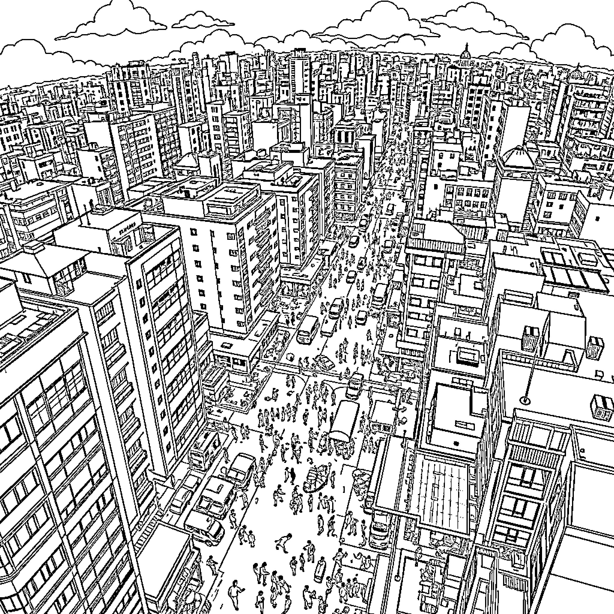 Drone view of bustling city skyline Coloring Page (free black-and-white line drawing printable PDF for all, from beginners to advanced learners, including children, teens, adults, and seniors)