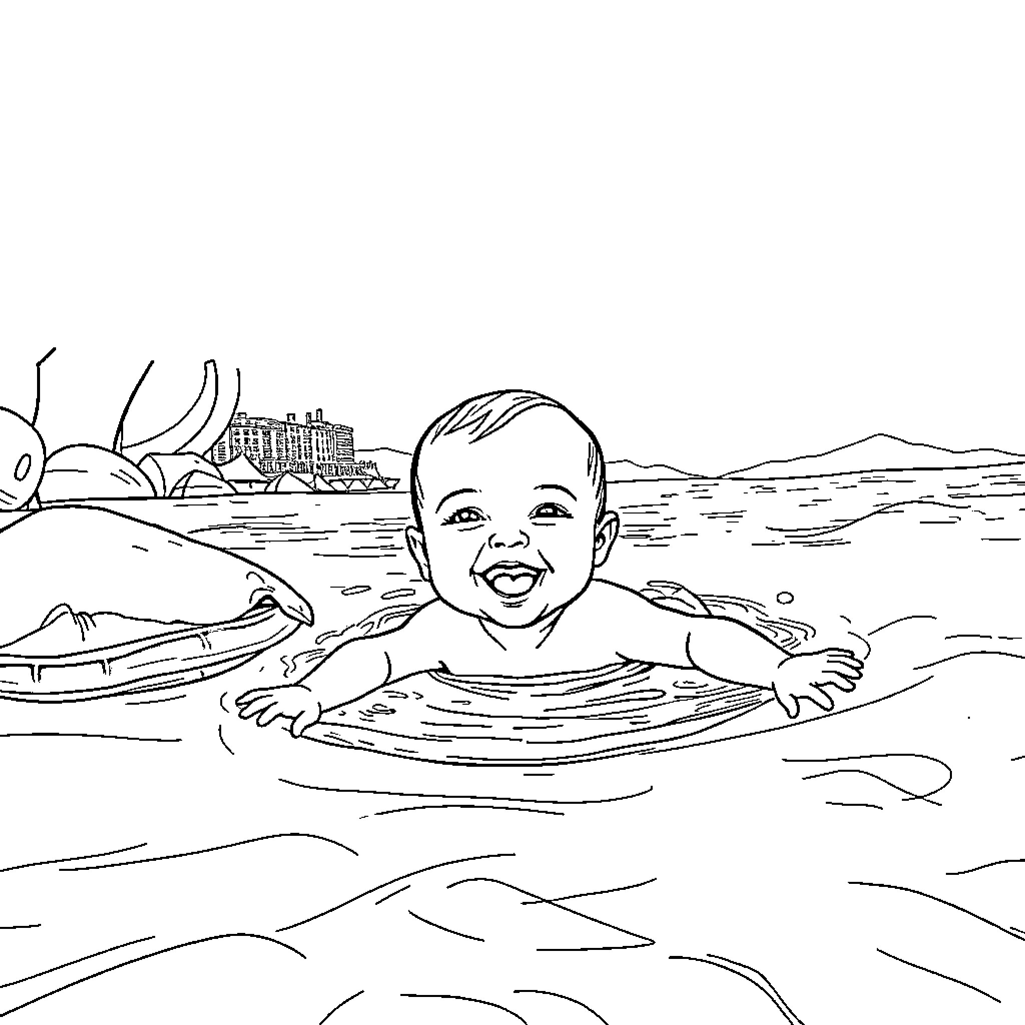 Baby enjoying a swim in the ocean Coloring Page (free black-and-white line drawing printable PDF for all, from beginners to advanced learners, including children, teens, adults, and seniors)