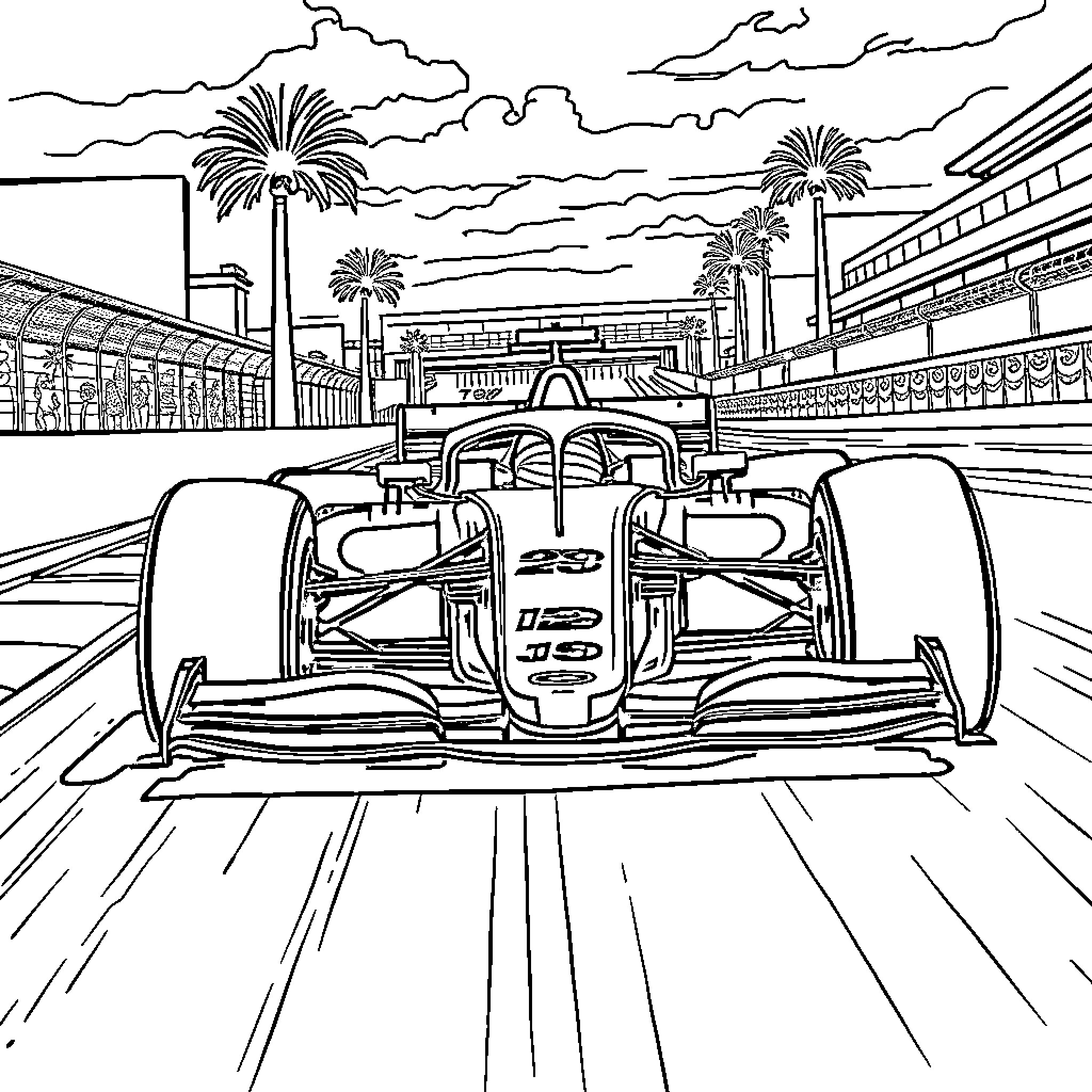 Formula 1 Racing Cars on the Track Coloring Page (free black-and-white line drawing printable PDF for all, from beginners to advanced learners, including children, teens, adults, and seniors)