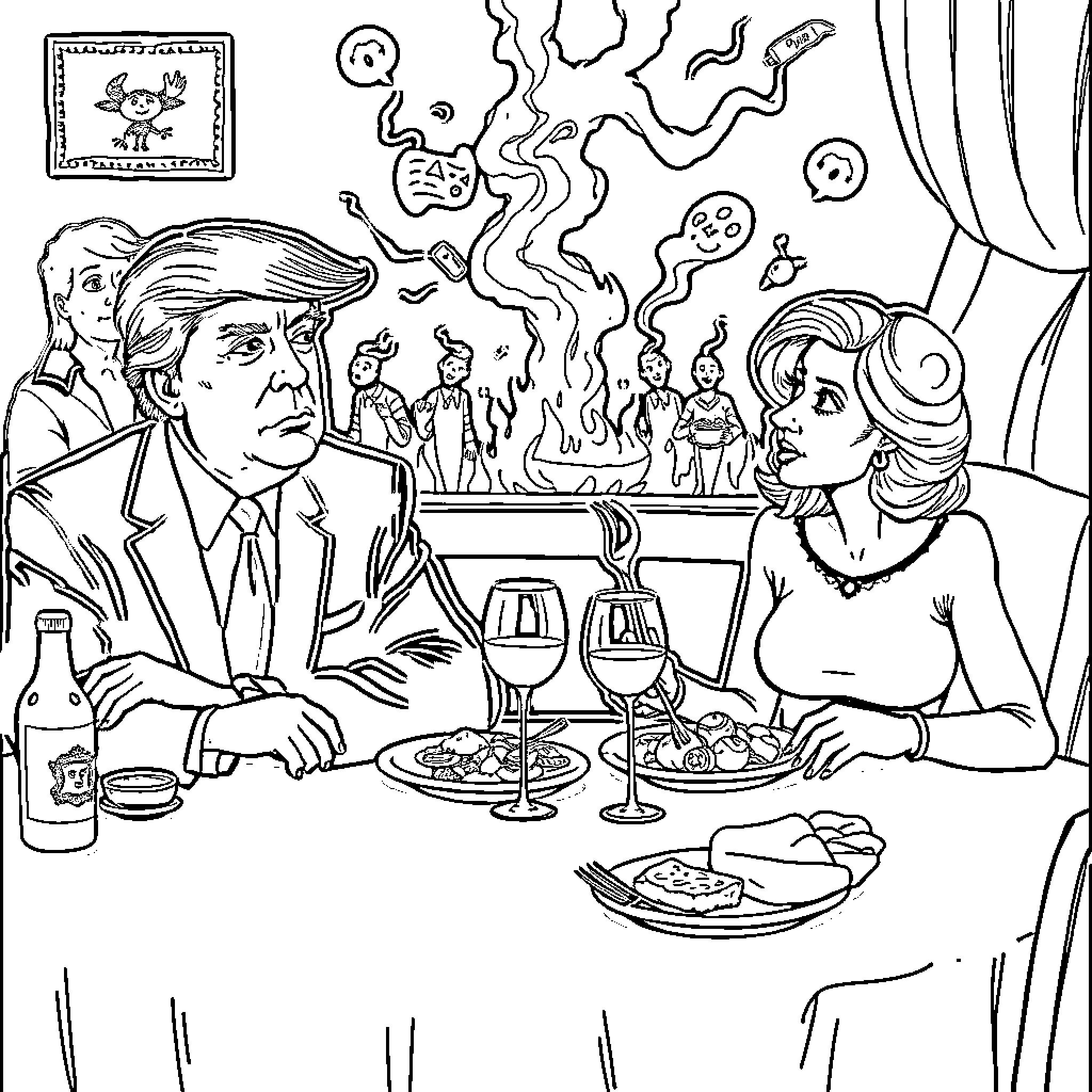 Donald Trump dining with a woman at a restaurant Coloring Page (free black-and-white line drawing printable PDF for all, from beginners to advanced learners, including children, teens, adults, and seniors)