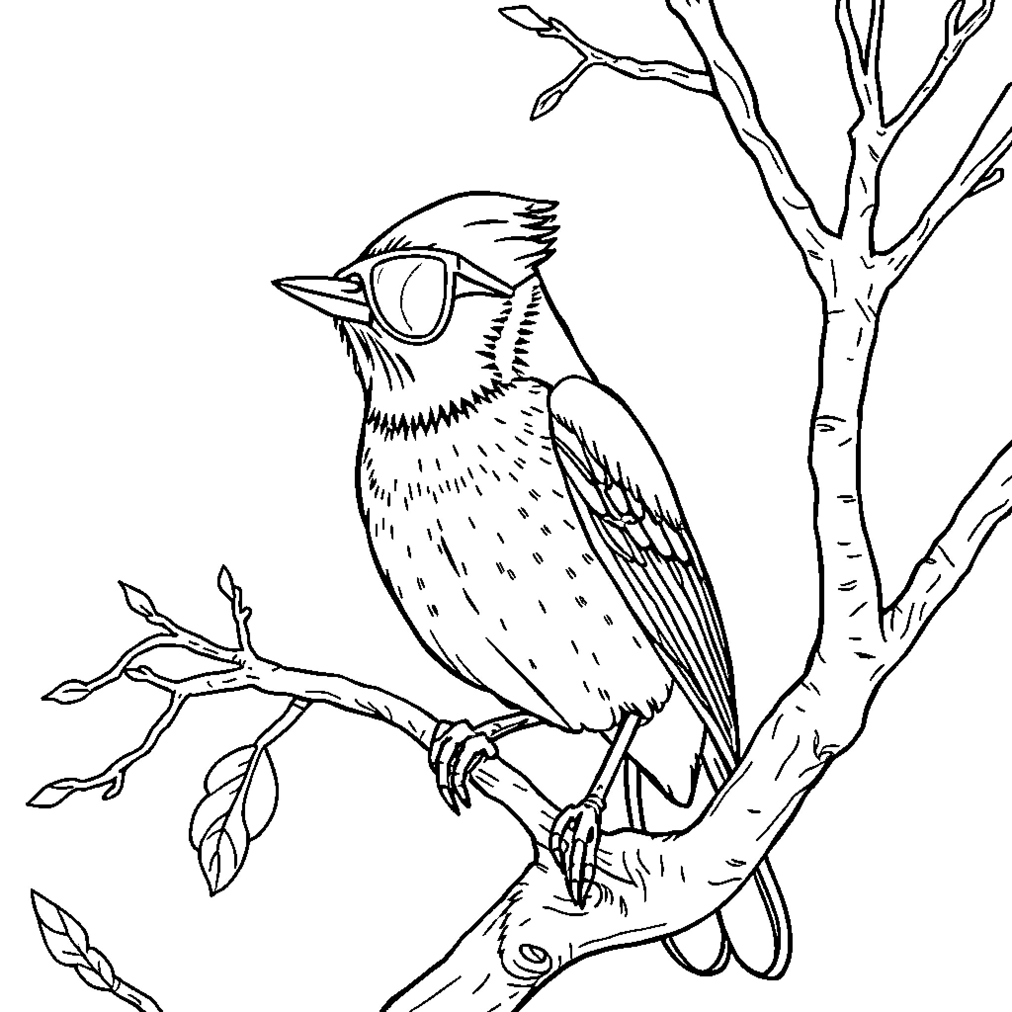 Stellar Jay perched on a tree branch Coloring Page (free black-and-white line drawing printable PDF for all, from beginners to advanced learners, including children, teens, adults, and seniors)