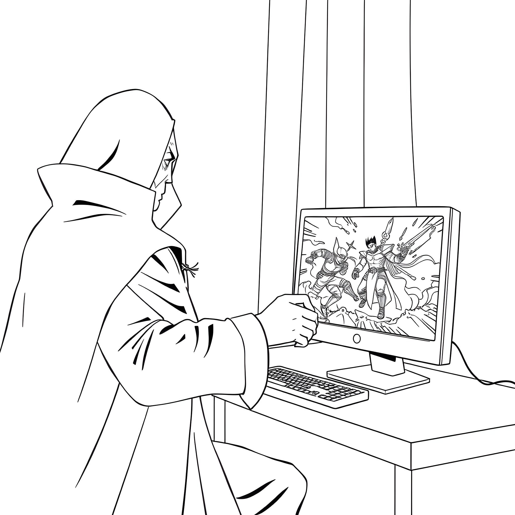Illuminati members plotting their next move on a computer Coloring Page (free black-and-white line drawing printable PDF for all, from beginners to advanced learners, including children, teens, adults, and seniors)