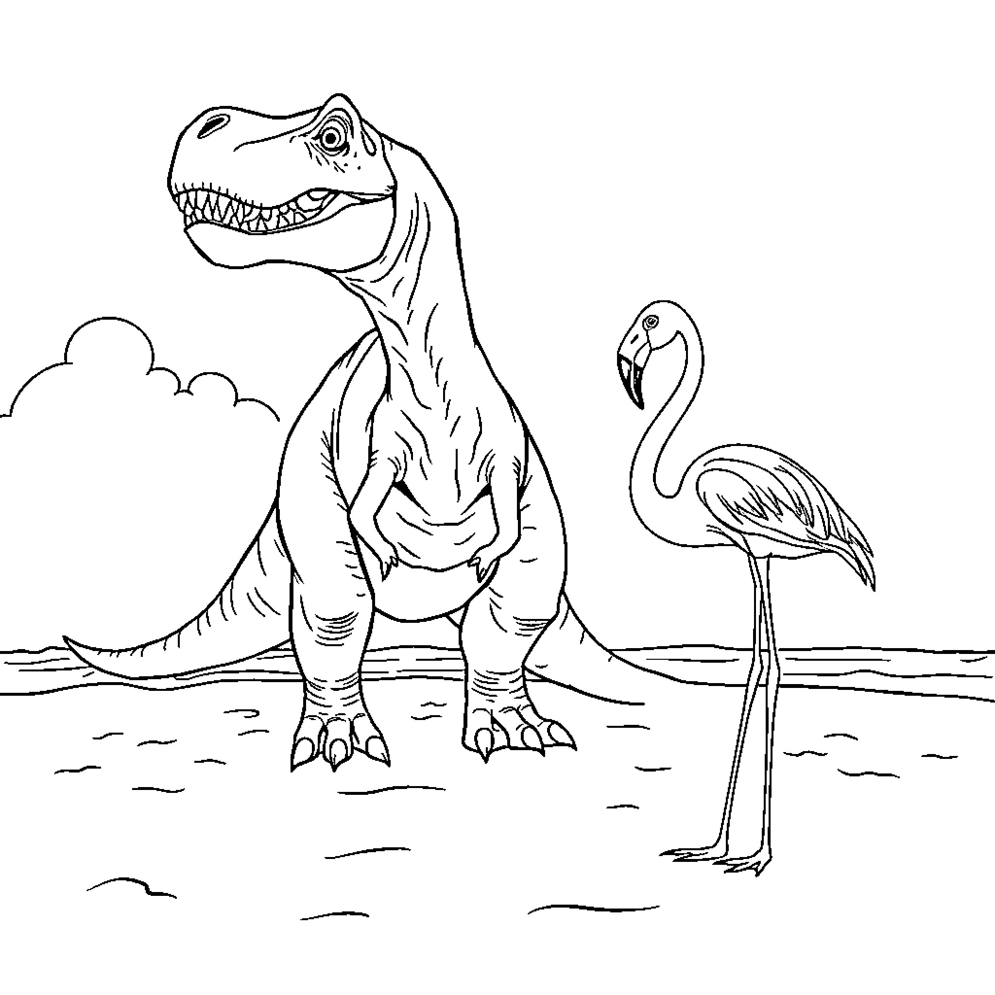 Dinosaur roaring near a flamingo by the lake Coloring Page (free black-and-white line drawing printable PDF for all, from beginners to advanced learners, including children, teens, adults, and seniors)