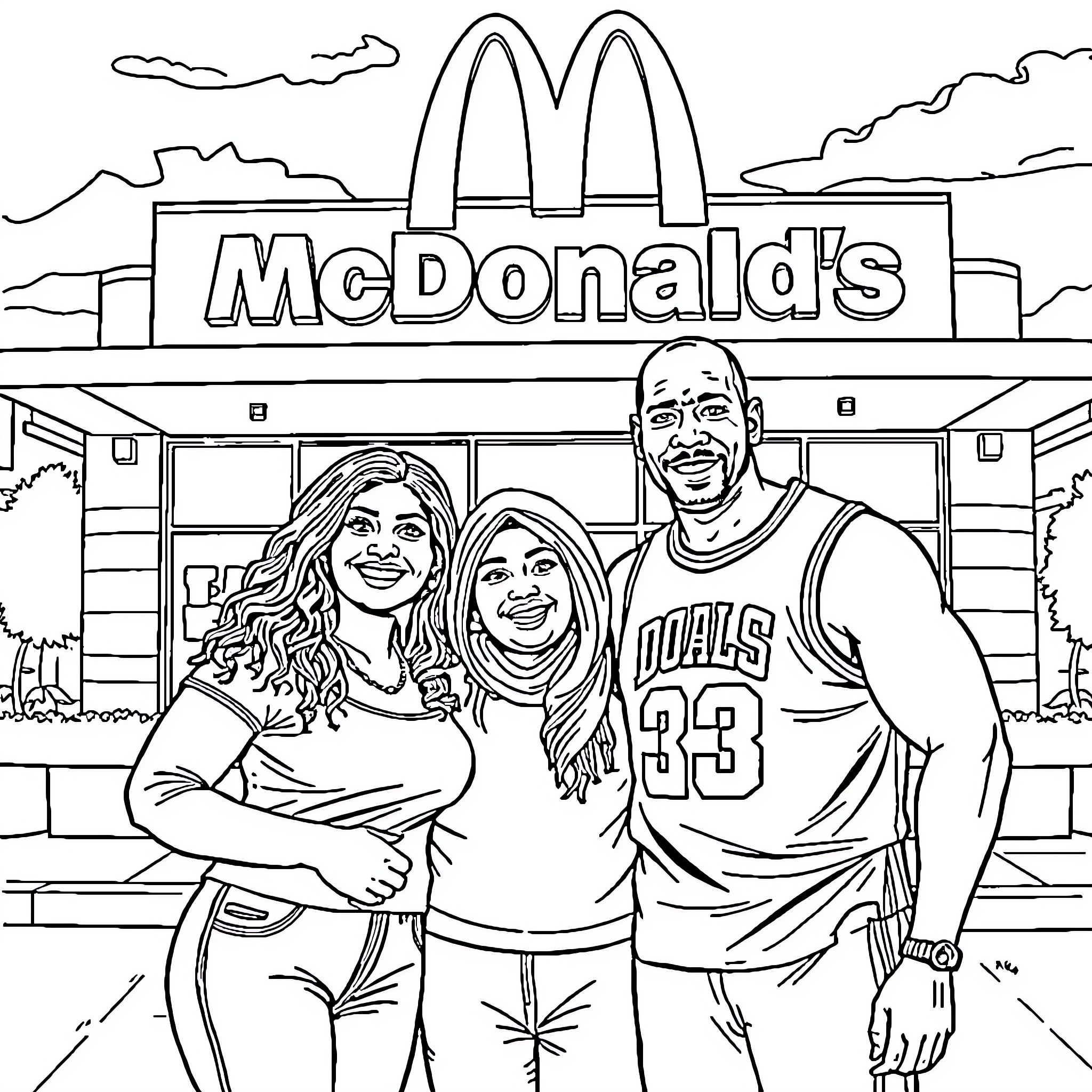 Tammy and family enjoy a day at McDonald's Coloring Page (free black-and-white line drawing printable PDF for all, from beginners to advanced learners, including children, teens, adults, and seniors)