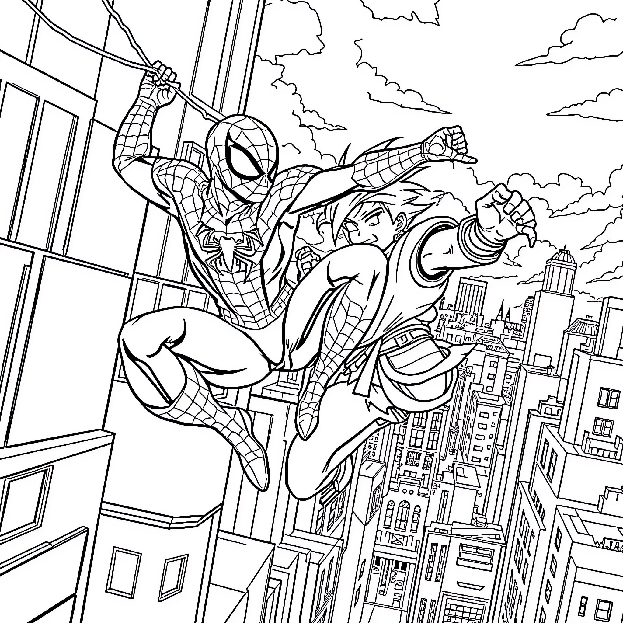 Spiderman swinging through the city skyline Coloring Page (free black-and-white line drawing printable PDF for all, from beginners to advanced learners, including children, teens, adults, and seniors)