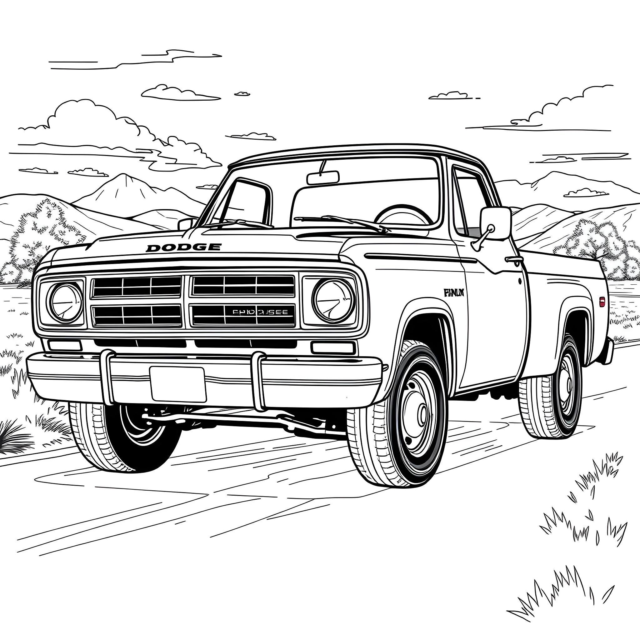 Dodge Pickup Truck Driving on the Open Road Coloring Page (free black-and-white line drawing printable PDF for all, from beginners to advanced learners, including children, teens, adults, and seniors)