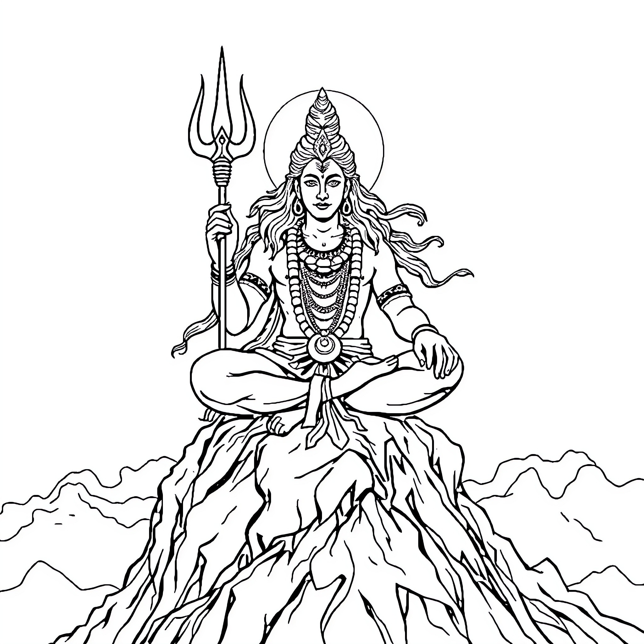 Lord Shiva meditating on the mountain peak Coloring Page (free black-and-white line drawing printable PDF for all, from beginners to advanced learners, including children, teens, adults, and seniors)
